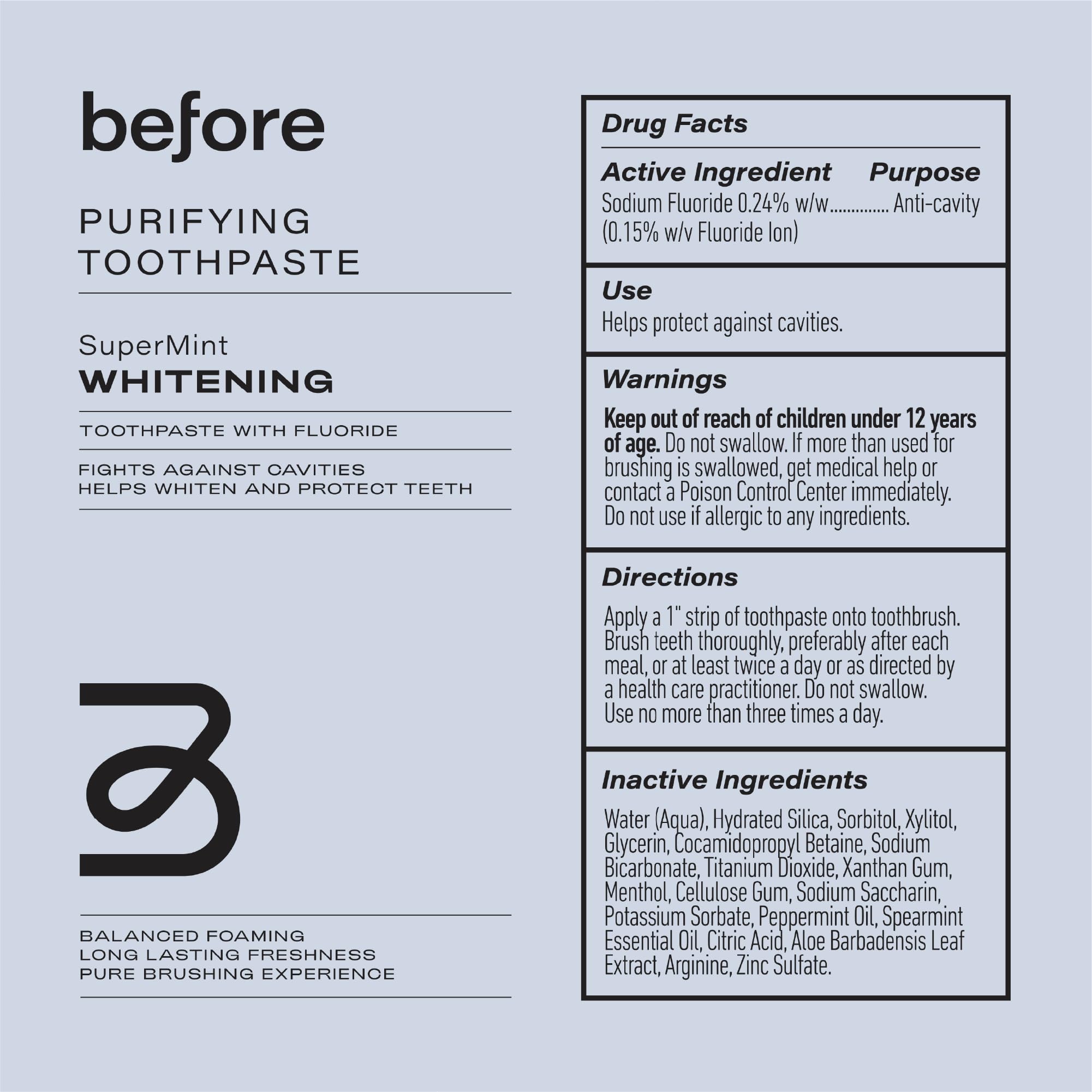 Before Natural Whitening Toothpaste, Purifying Vegan Ingredients for Oral Health, Balanced Foaming, Low Teeth Abrasion, Long Lasting Minty Fresh Flavor, Plant-Based Recyclable Tube — 3.5oz