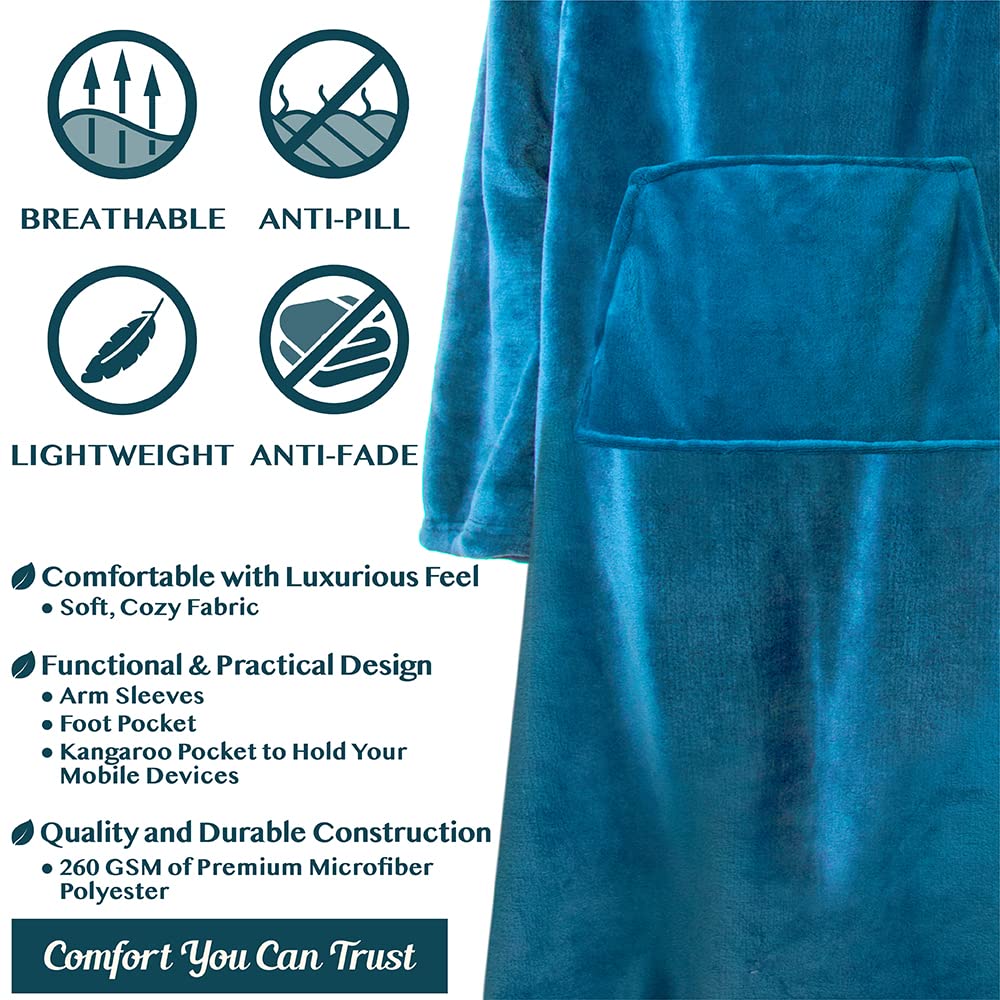 PAVILIA Fleece Blanket with Sleeves, Foot Pockets for Women Men Adults, Plush Wearable Blanket Throw Wrap, Warm Snuggle Blanket Robe, Cozy Gift Ideas Wife Mom, Teal Blue