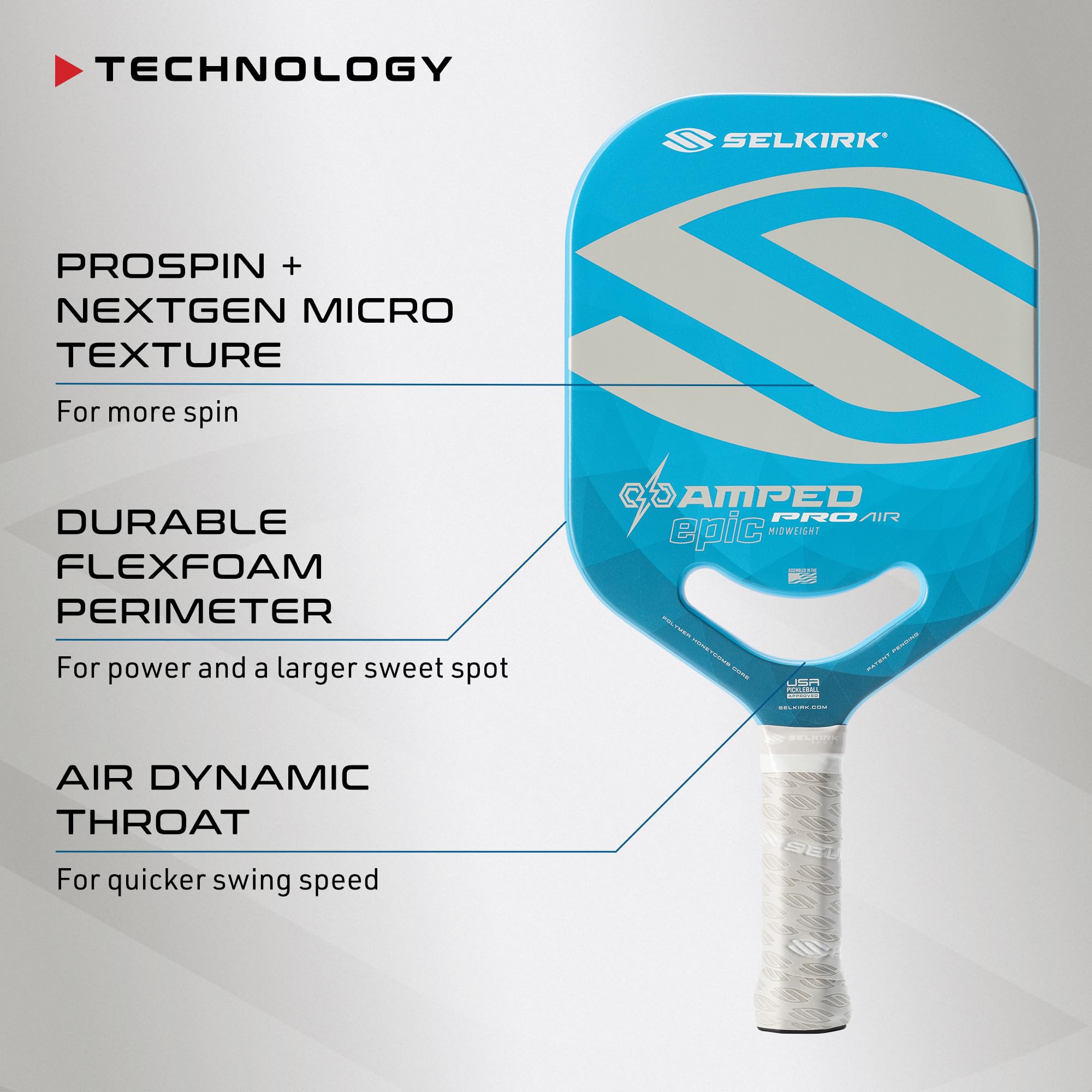 2024 Selkirk Amped Pro Air Pickleball Paddle | Fiberglass Pickleball Paddle with a Polypropylene X5+ 16mm Core | Throatflex | Flex Foam | Pickleball Rackets Made in The USA | Epic Blue