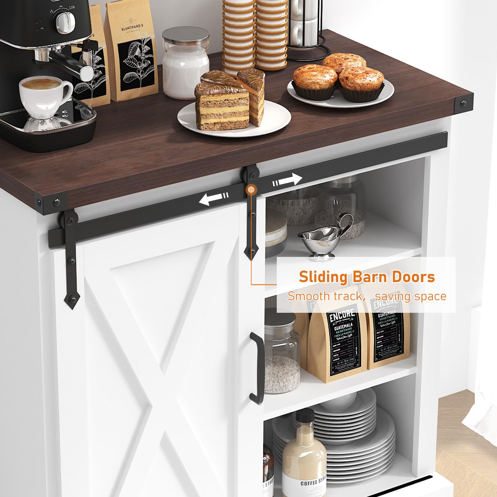 HOMFAMILIA Upgraded 32"H Farmhouse Coffee Bar Cabinet w/Storage, Thickened Top Kitchen Sideboard Buffet Cabinet w/Sliding Barn Door, Rustic Accent Console w/Adjustable Shelves for Kitchen,Living Room