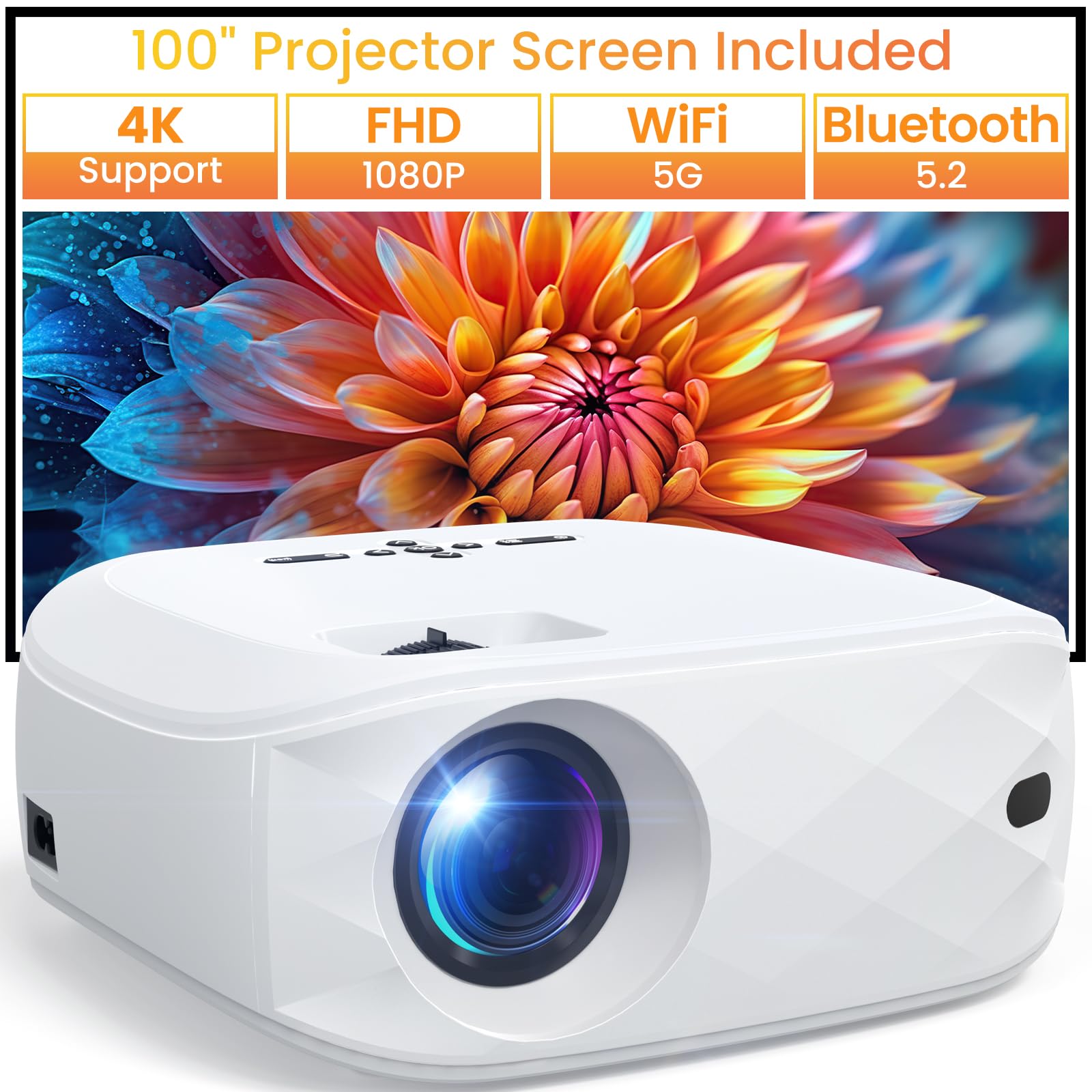 HAPPRUN Projector, Projector with WiFi and Bluetooth, [One Step Mirroring]Projector for Phones, 12000L Native 1080P Portable Projector with Screen, Outdoor Movie Projector for Smartphone/HDMI/TV Stick