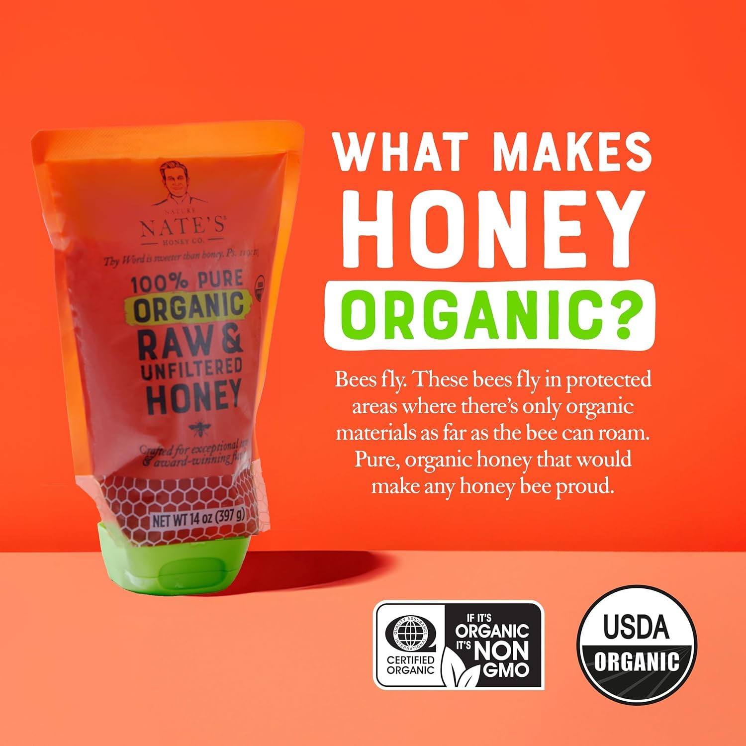Nature Nate's 100% Pure USDA Organic Raw & Unfiltered Honey, 14 oz. No-Drip Sustainable Squeeze Pouch; Purity Guarantee, No Additives