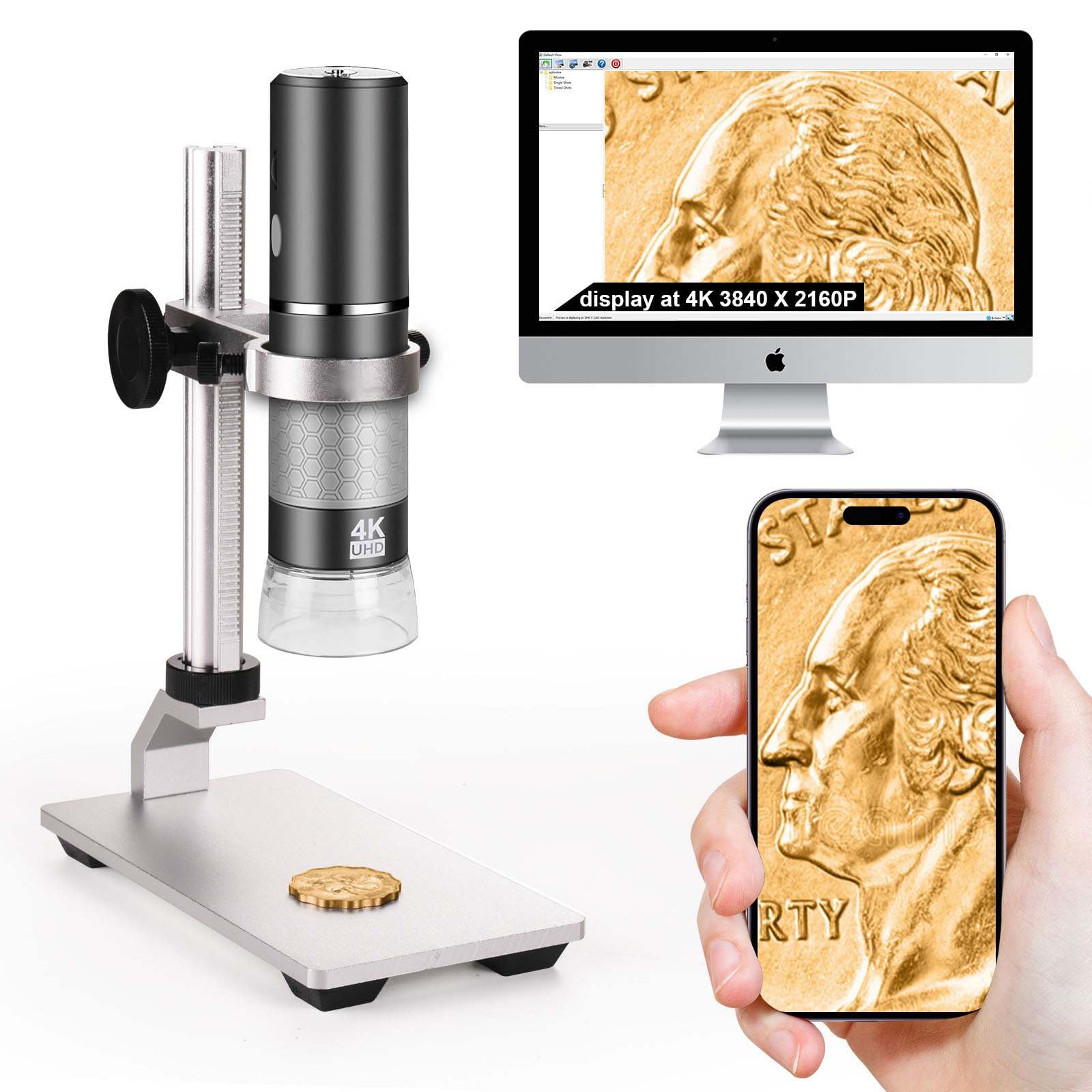 Ninyoon 4K Microscope with Professional Stand for iPhone Android PC, 50-1000X Digital USB Microscope Endoscope HD Camera for All Cellphones iPad Android Tablet Windows Mac Chrome Linux