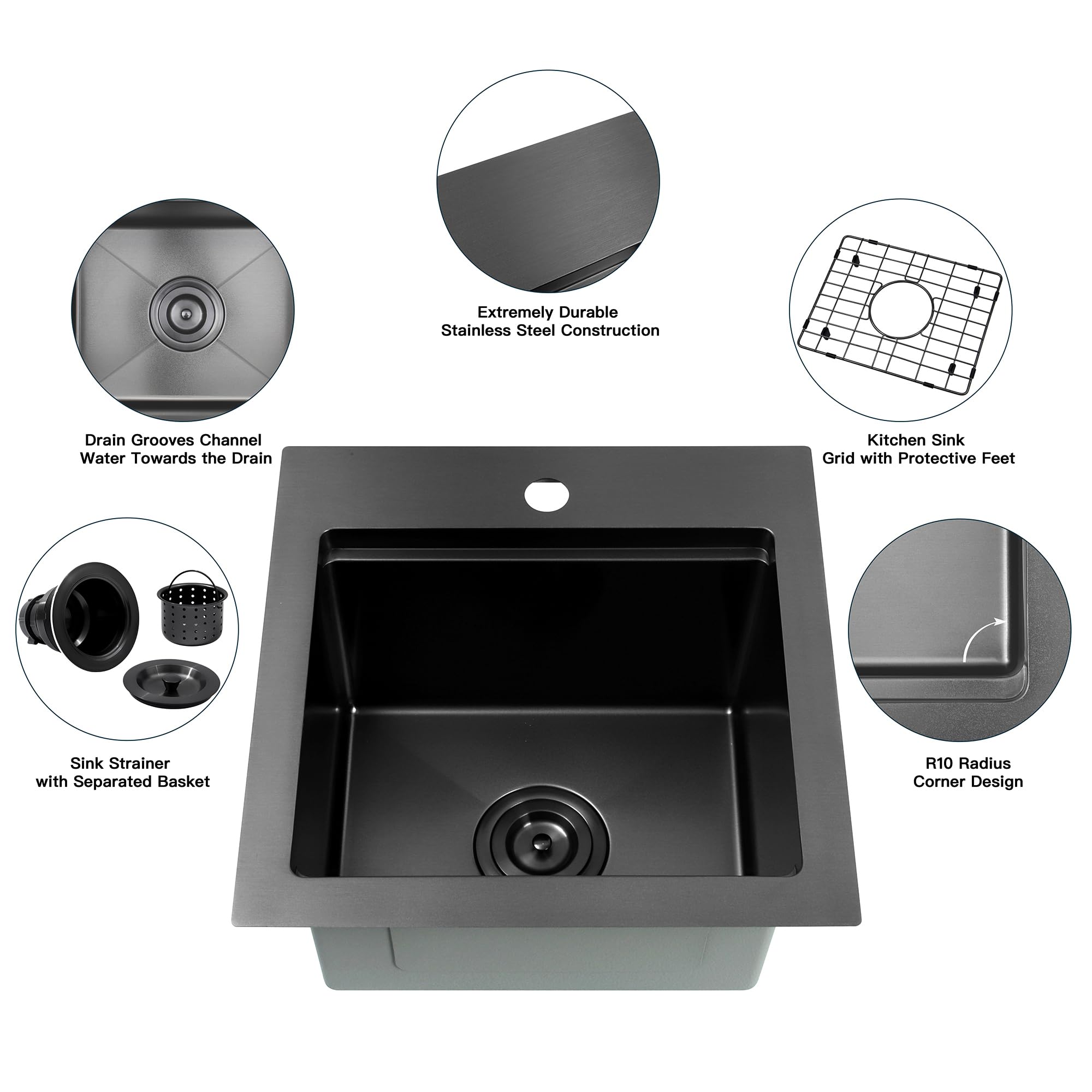 Zeesink Black Bar Sink Drop in,Small RV Sink 17 inch,Wet Bar Sink,Stainless Steel Bar Prep Sink