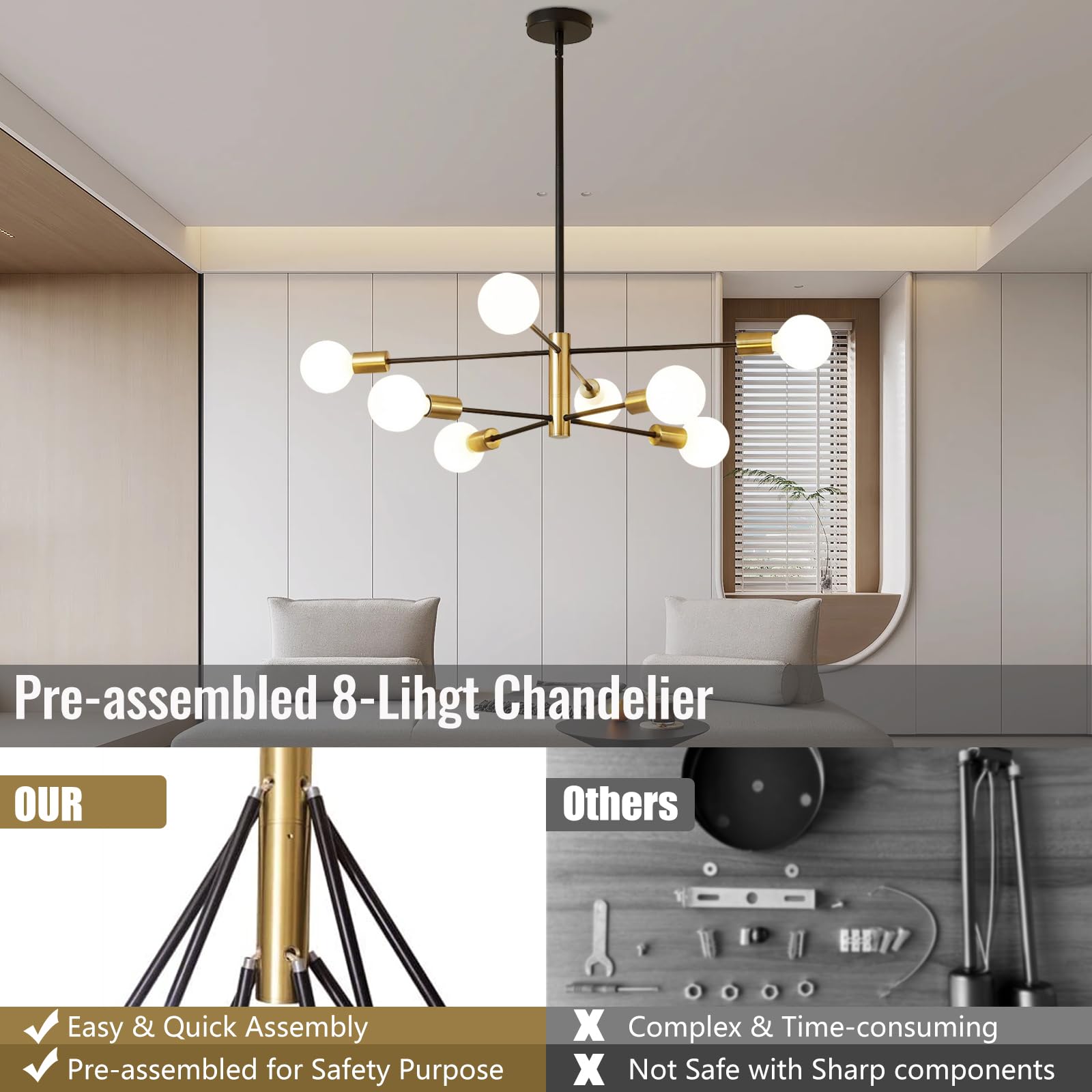 Chandelier, 8-Light Chandeliers for Dining Room, Sputnik Chandeliers with E26 Base, Modern Chandelier for Bedroom, Gold&Black Sputnik Ceiling Light Fixture, Chandelier for Living Room, Bedroom,Kitchen