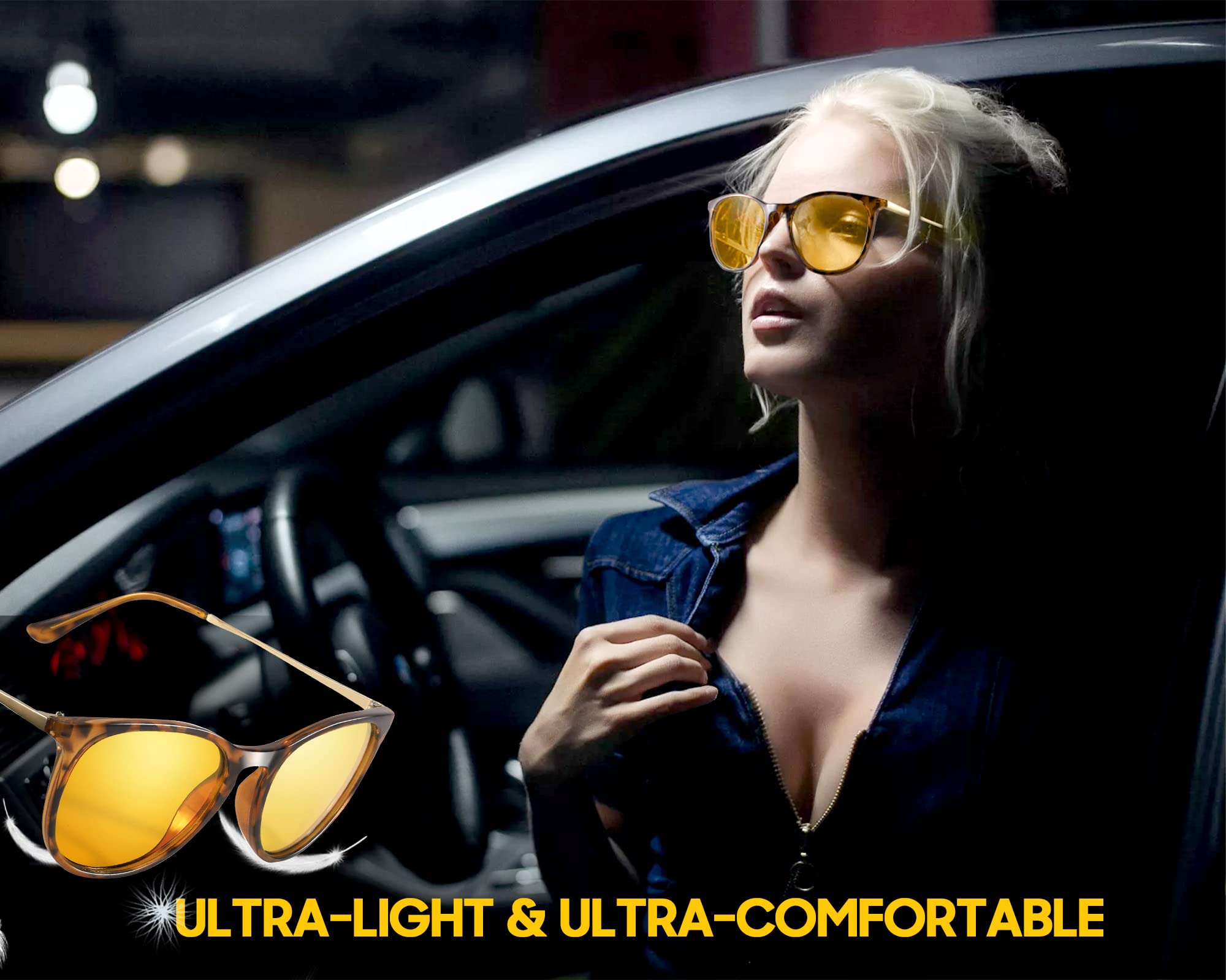 TJUTR Women's Night-Vision Glasses for Driving, Polarized Yellow Lens Reduce Glare Safety Nighttime UV Protection