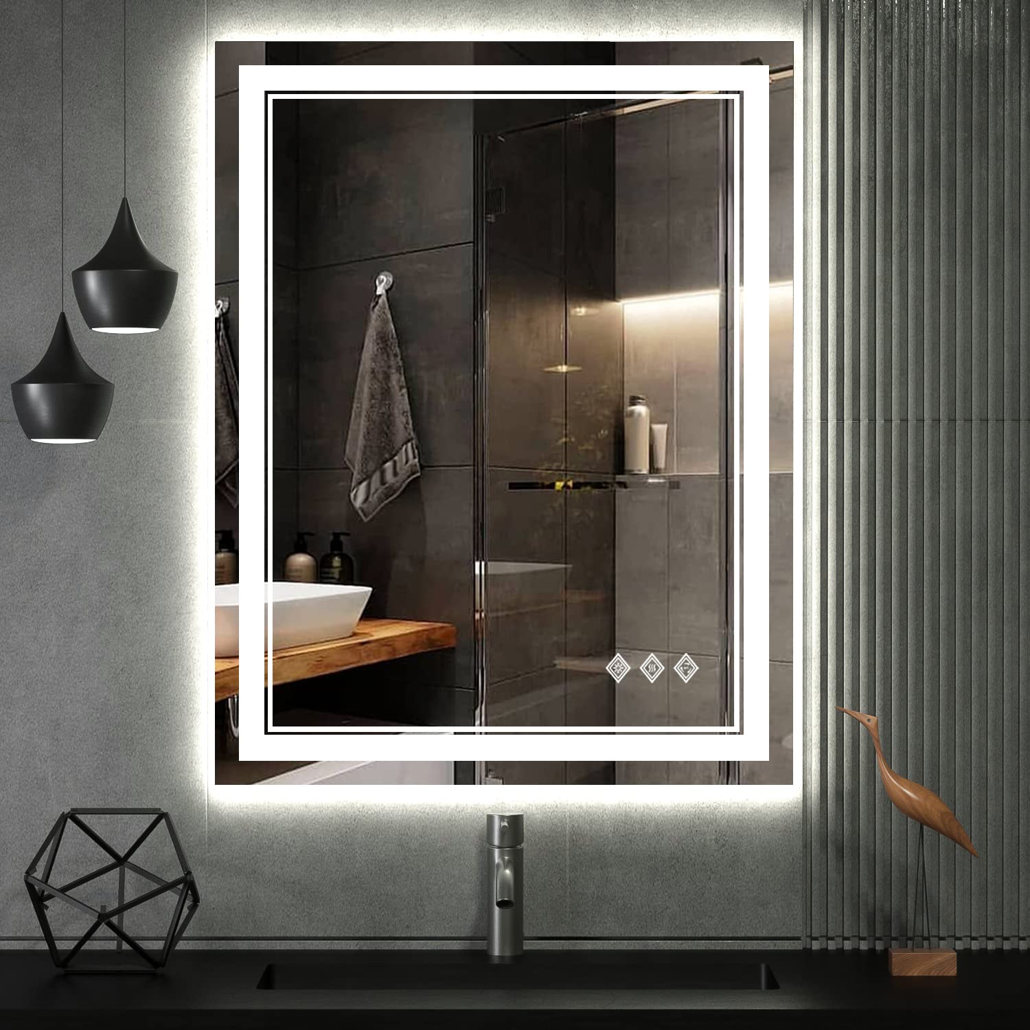 VanPokins LED Bathroom Mirror, 24x32 Inch Gradient Front and Backlit LED Mirror for Bathroom, 3 Colors Dimmable CRI>90 Double Lights, IP54 Enhanced Anti-Fog, Hanging Plates Lighted Vanity Mirror