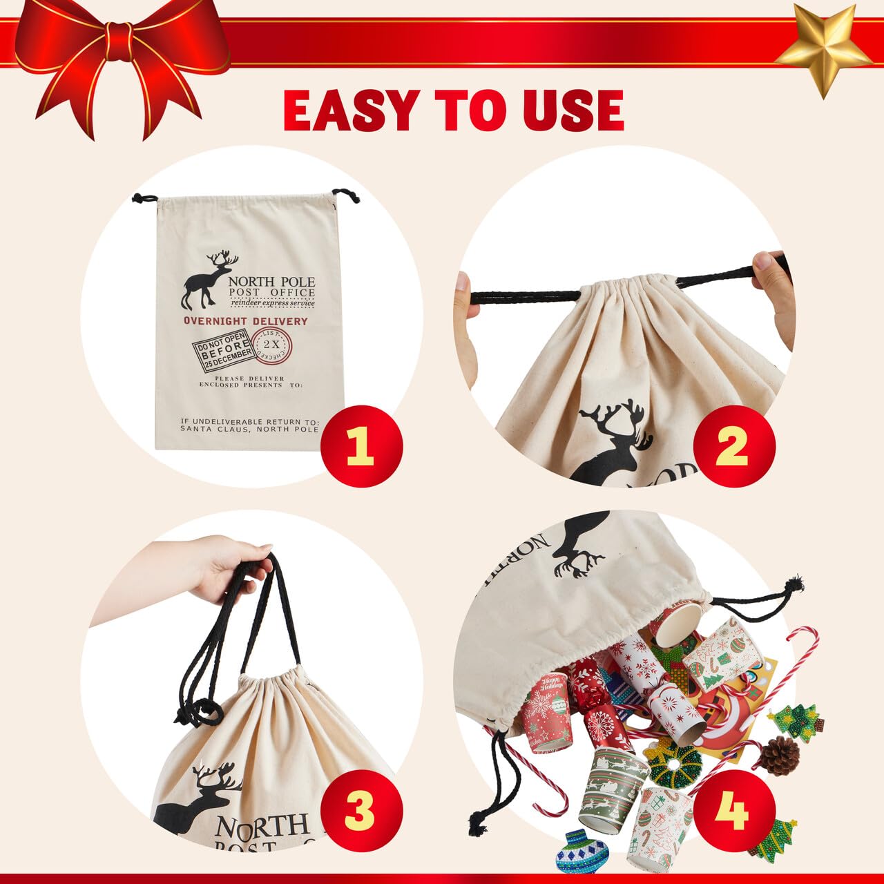 JOYIN 3 PCS Santa Burlap Sack present Bags with Drawstring 26" x 19" for Large Xmas Package Storage, Event Party Supplies, Christmas Party Favors.