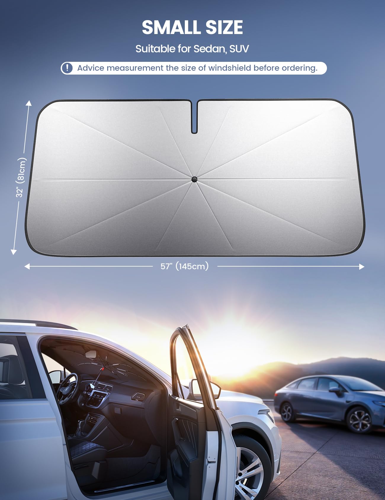 Car Windshield Sun Shade Umbrella - Lamicall [10 Fiberglass Ribs][5 Layers Nano Coating] Foldable Front Window Sunshade, Car Interior Protection, Windshield Cover for Sedan, SUV, (57"x32")