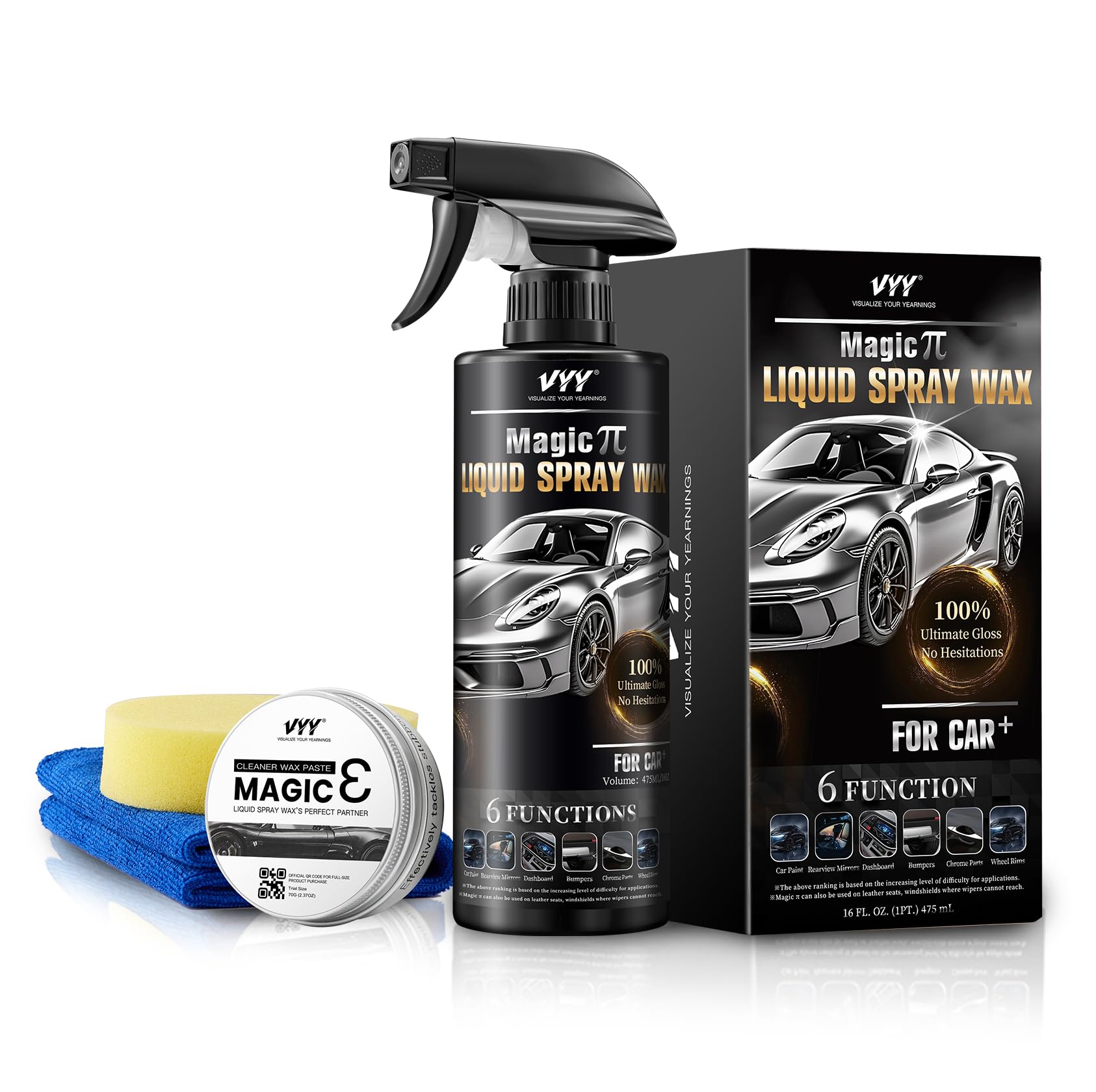 VYY Car Wax +Cleaner Paste, Metal Polish Car Wax Kit, High Protection Car Coating Spray Wax, Auto Detailing Supplies, with Microfiber Cleaning Cloth & Car Wax Applicator Pad, 16 Fl Oz+2 Oz