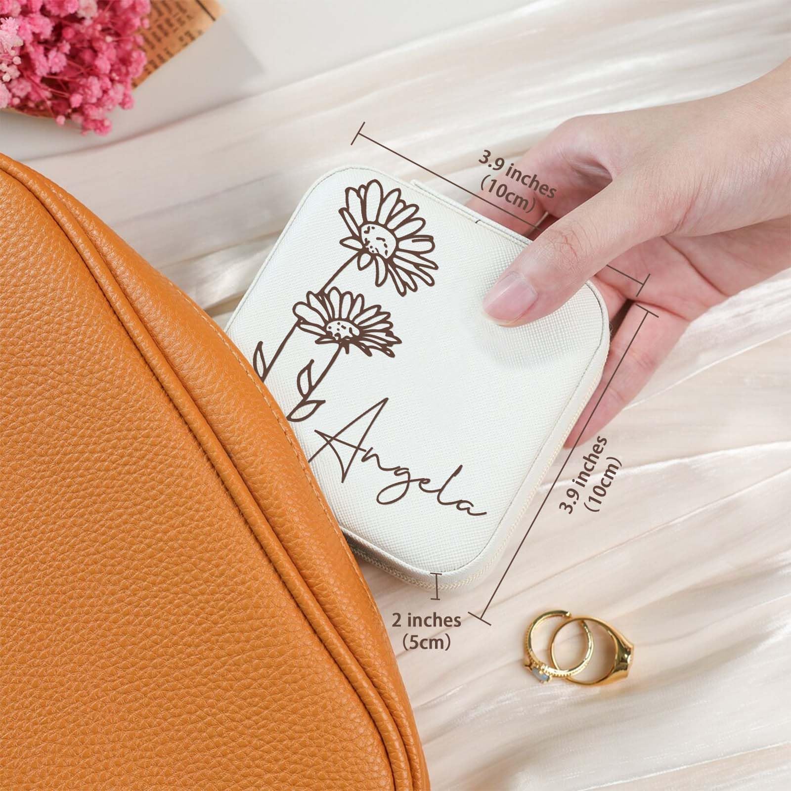 Corissy Personalized Jewelry Box for Women, Custom Travel Jewelry Case with Name and Birth Flower, Leather Jewelry Box for Rings, Earrings, Necklaces, Personalized Gifts for Women