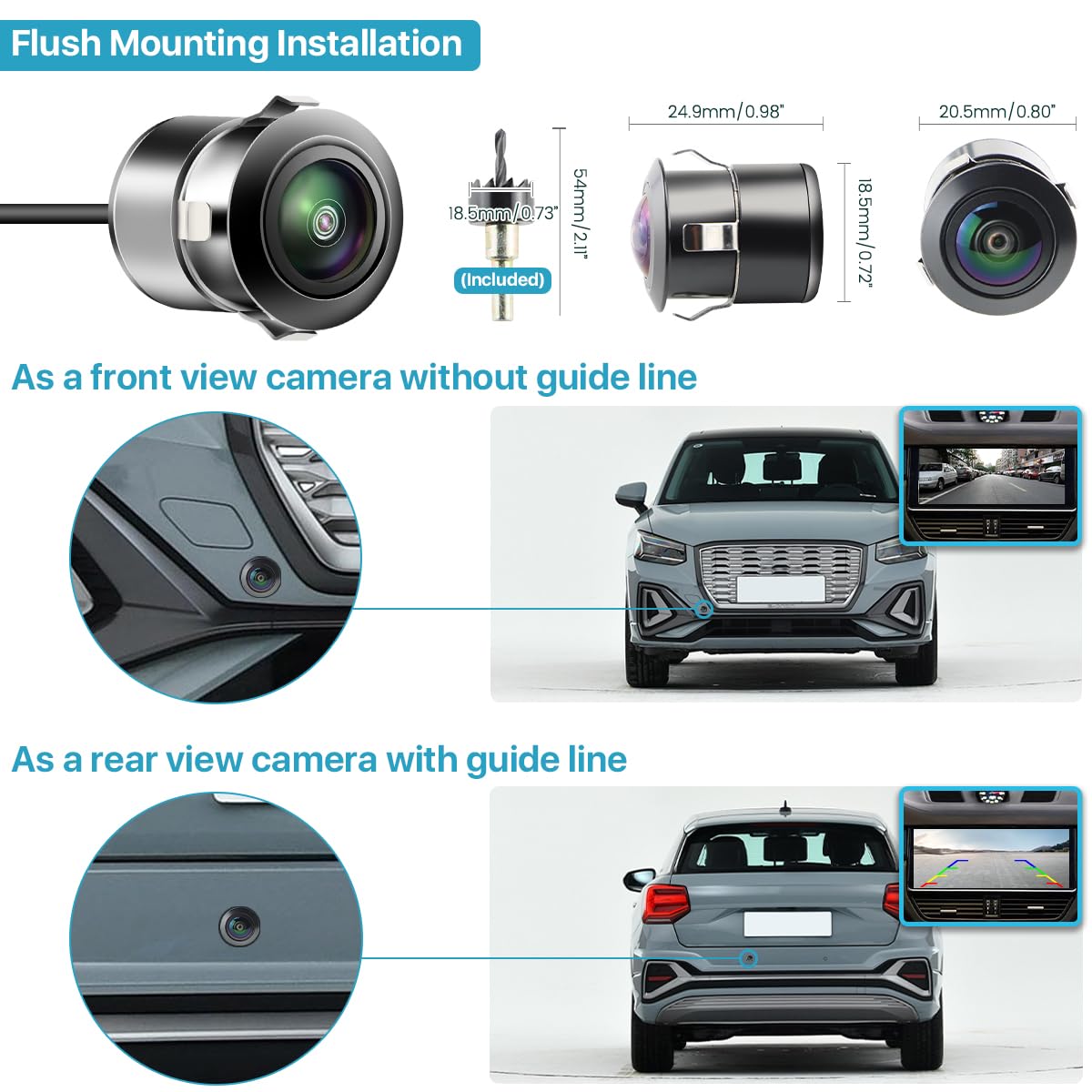 AHD 1080P Backup Camera, Universal Flush Mount Reverse Rear Front Side View Camera for Cars Pickup SUVs RVs Vans TTXSCAM-E01, WORKS with MONITORS SUPPORTS AHD 1080P 25HZ/PAL Video Signal