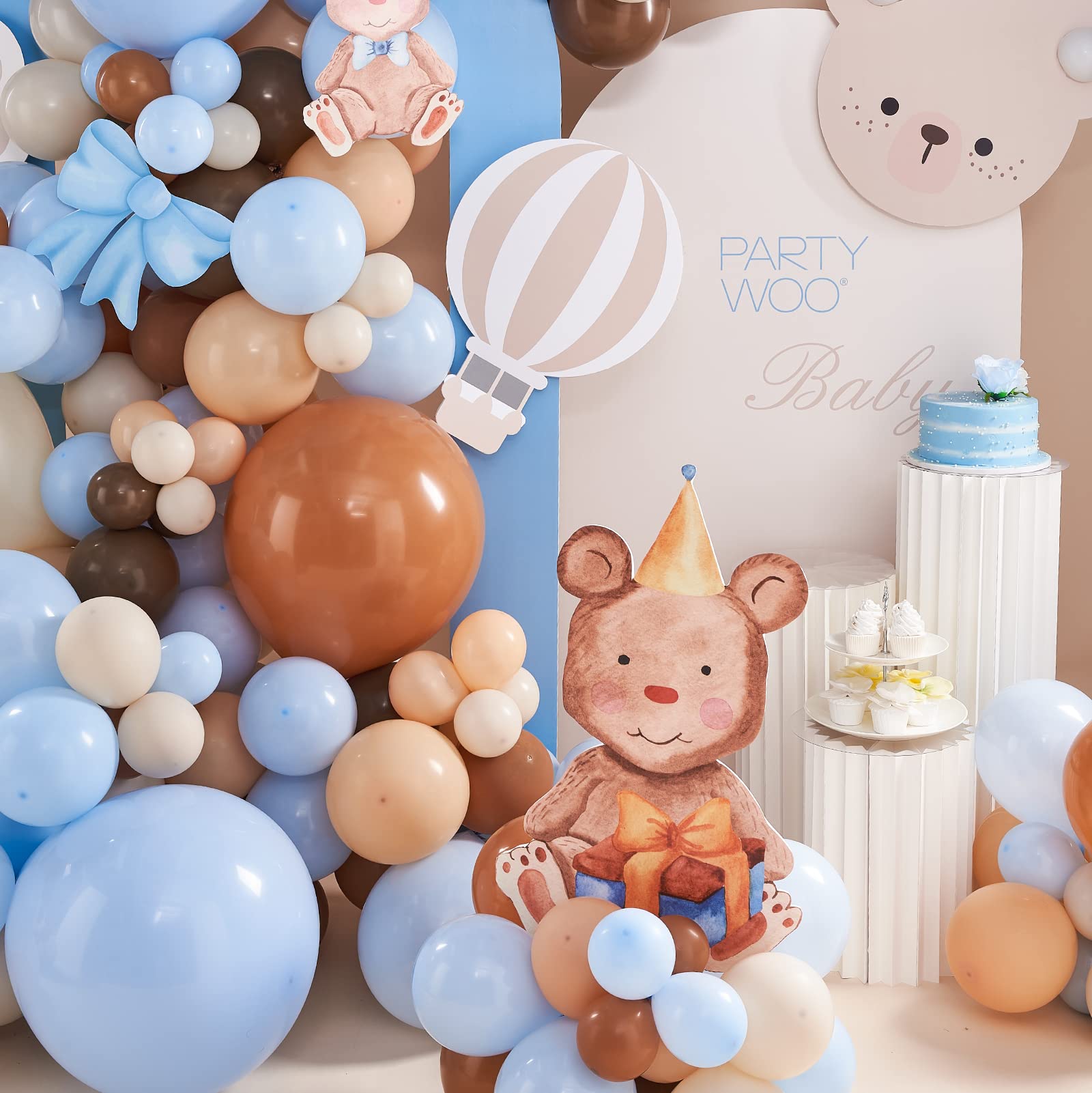 PartyWoo 140 pcs Blue and Brown Balloon Garland Kit, Brown, Pastel Blue, Sand White, Apricot Balloons for Balloon Garland Arch Kit, Birthday Decorations for Boy, Bear Baby Shower Decorations