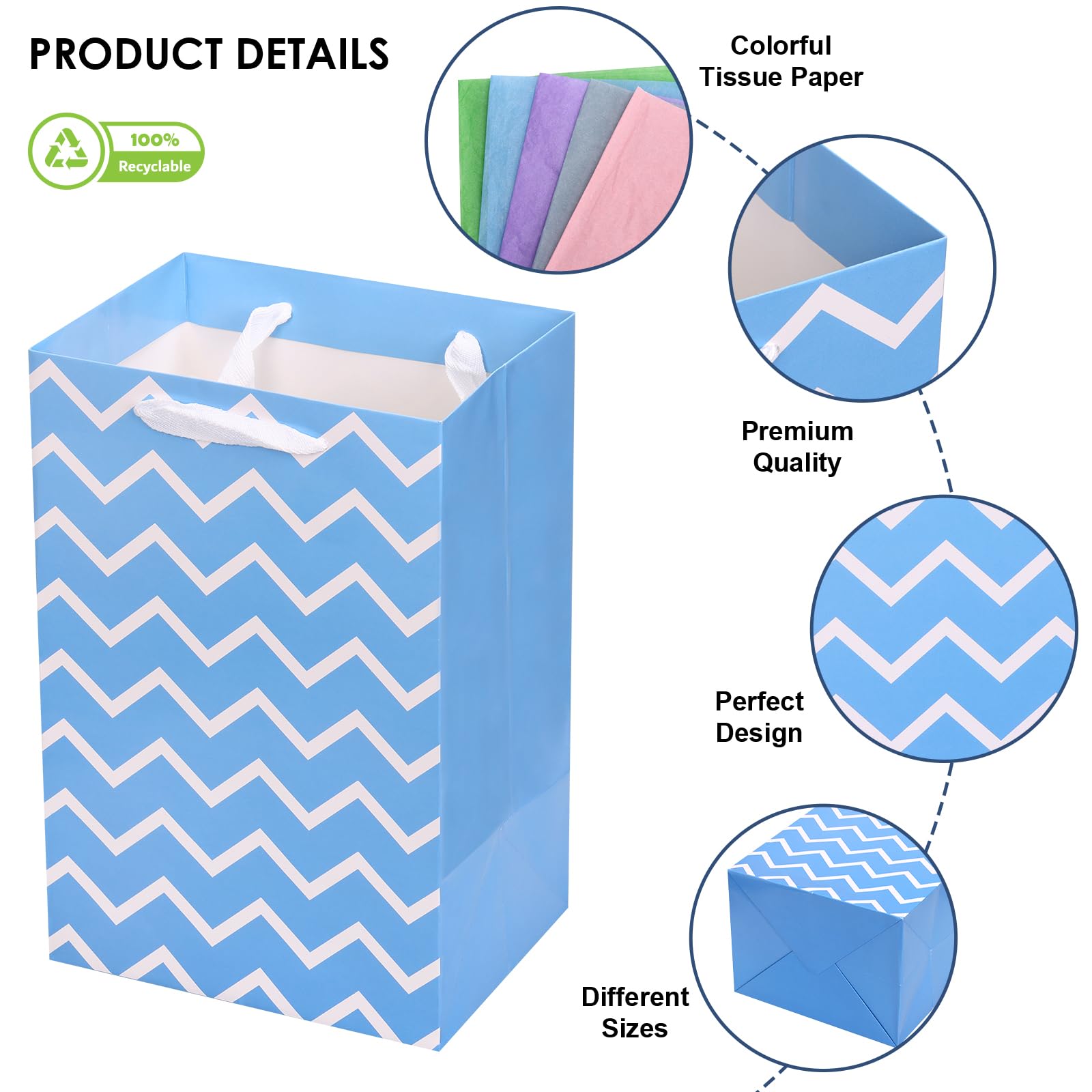 OUTUXED 12pcs Paper Gift Bags with Tissue Paper Assorted Sizes Gift Bags with Different Designs Bulk (5 Medium 9.8", 4 Large 11.8", 3 Extra Large 13.8") for Birthday, Baby Showers, Party, Wedding