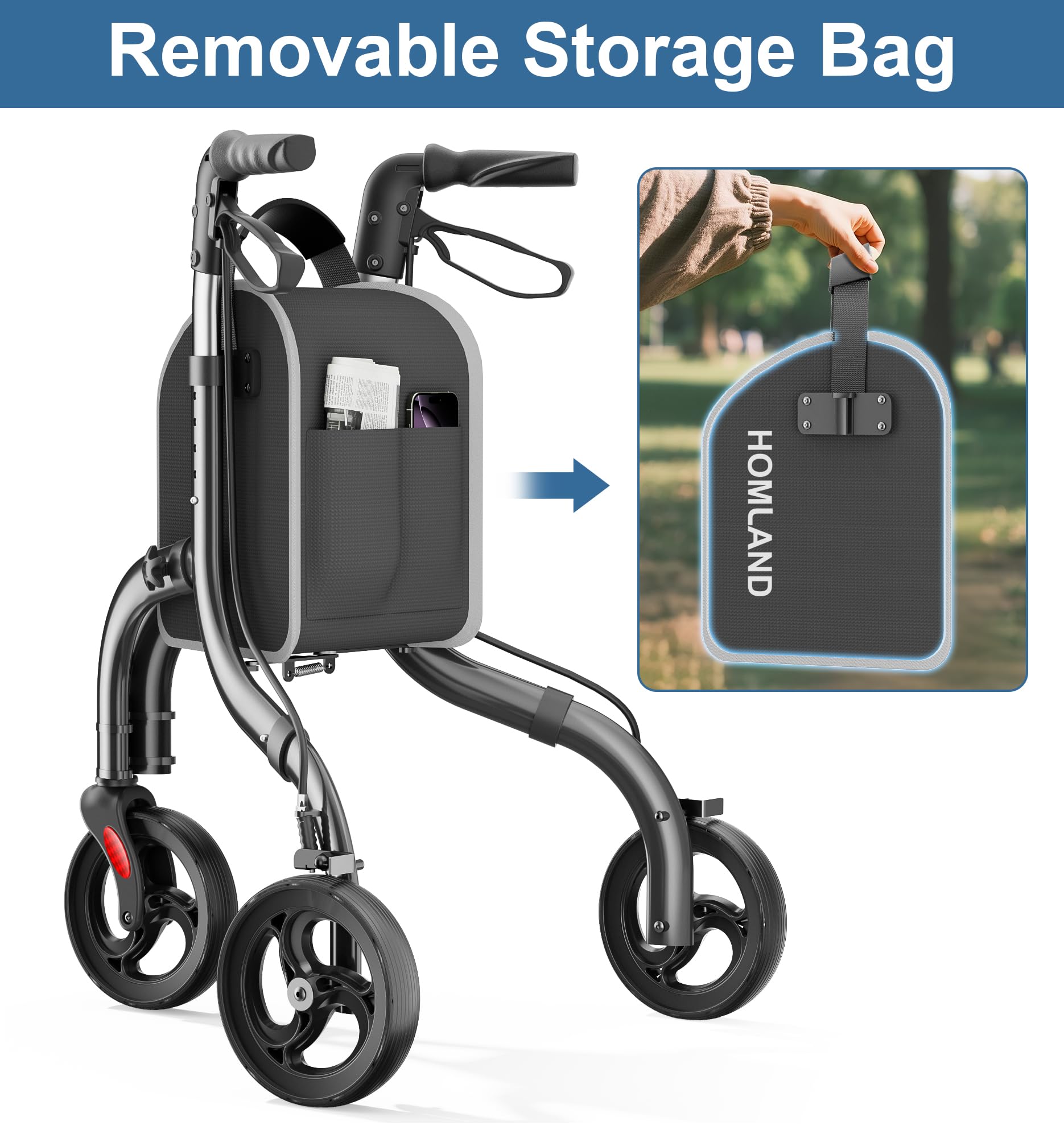 HOMLAND 3 Wheel Walkers for Seniors, Lightweight Foldable Aluminum Three Wheel Walker, Height Adjustable Compact Rollator Walker with Removable Storage Bag