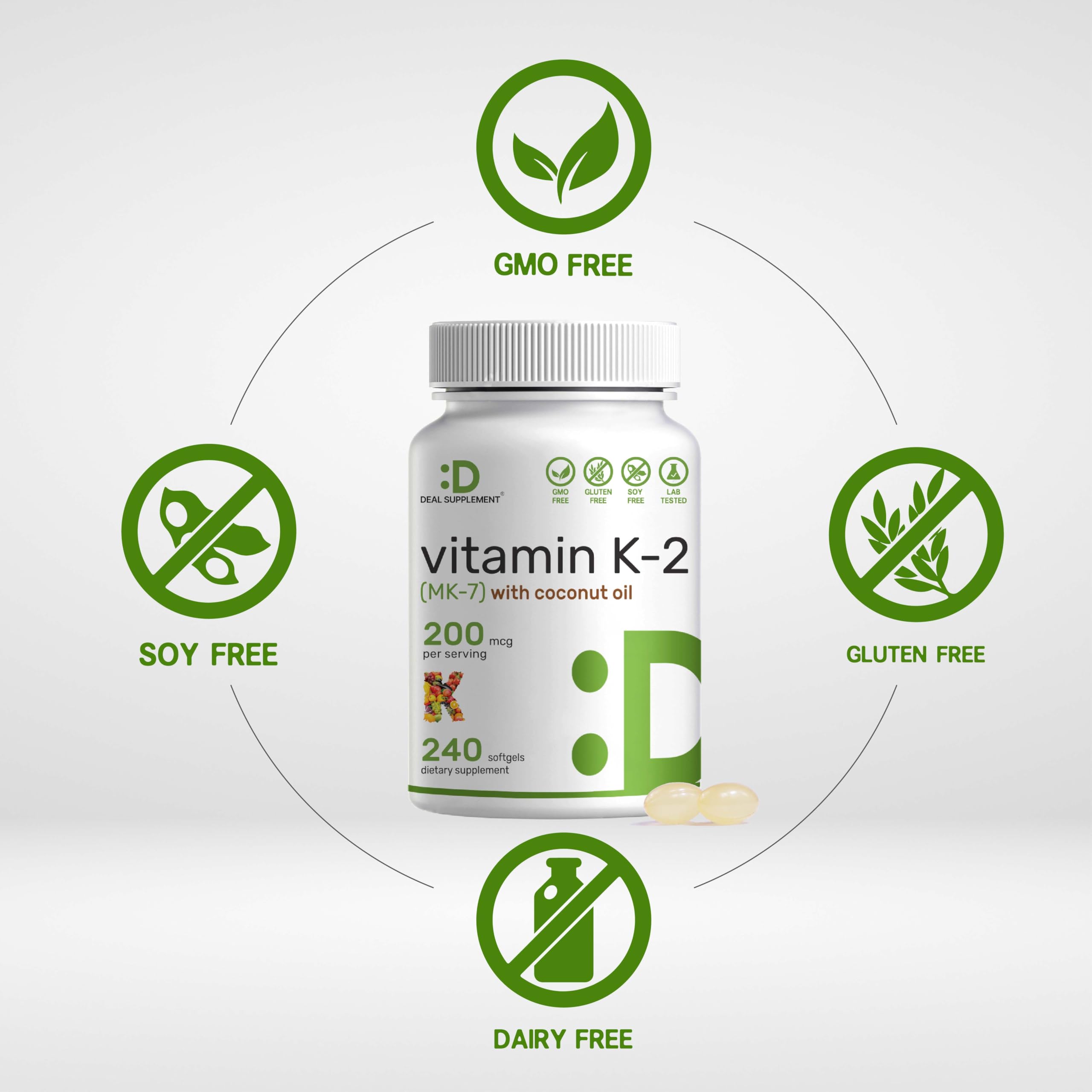 Vitamin K2 (MK-7) 200mcg, 240* Virgin Coconut Oil Softgels | Premium Menaquinone-7 Form