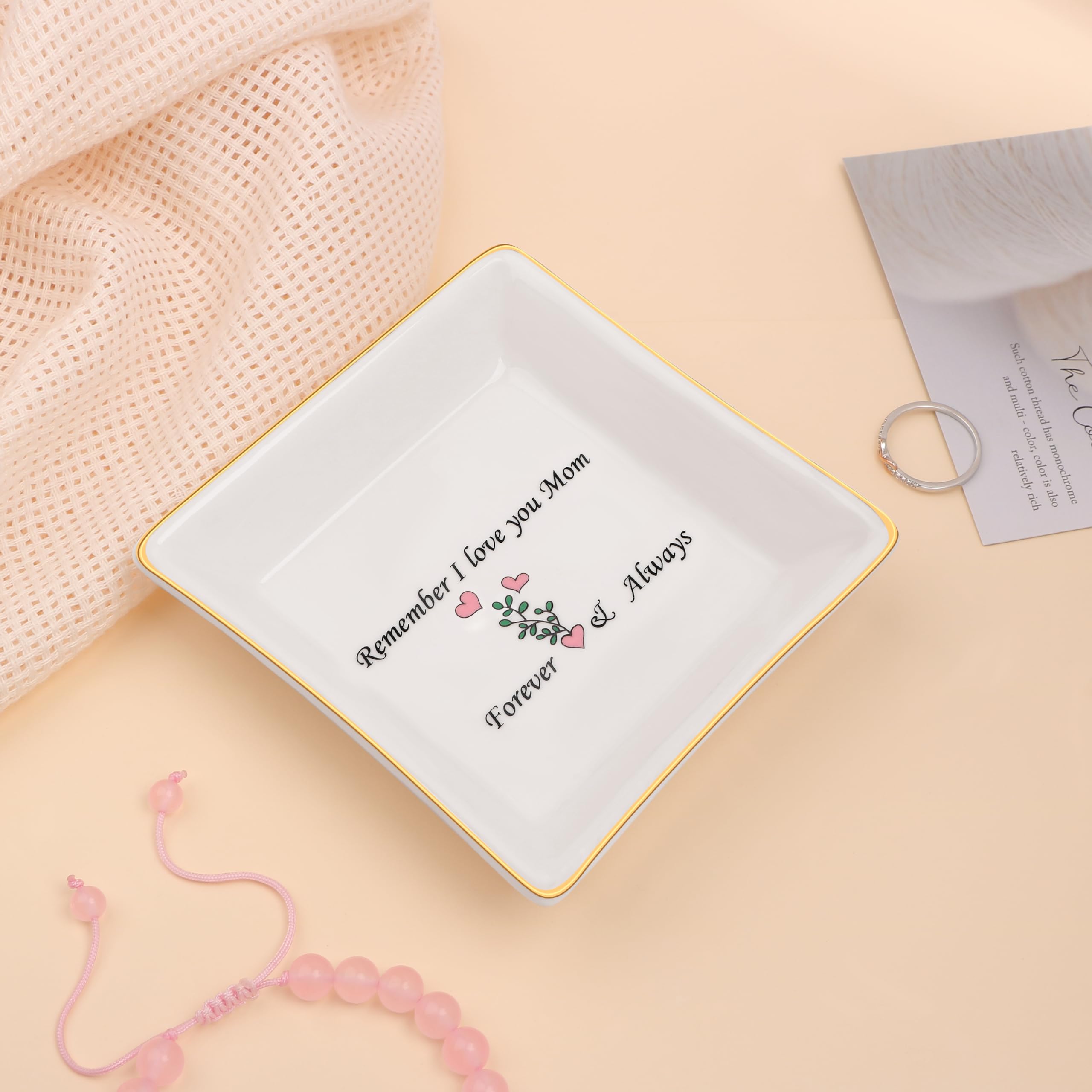 JoycuFF Trinket Dishes for Jewelry Mom Mother Birthday Christmas Mothers Day Gift Jewelry Tray for Rings Necklaces Bracelets Earrings Remember I Love You Mom Jewelry Dishes