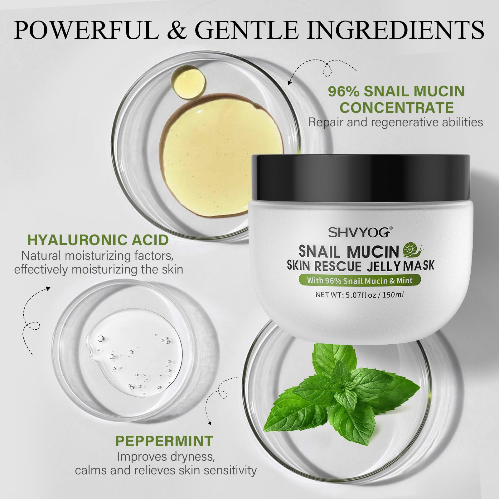 SHVYOG Snail Mucin Mask, Snail Rescue Jelly Face Mask, Snail Mask Hydrating Face Mask with 96% Snail Mucin & Mint Extract, Improving Skin for Blemishes and Dullness