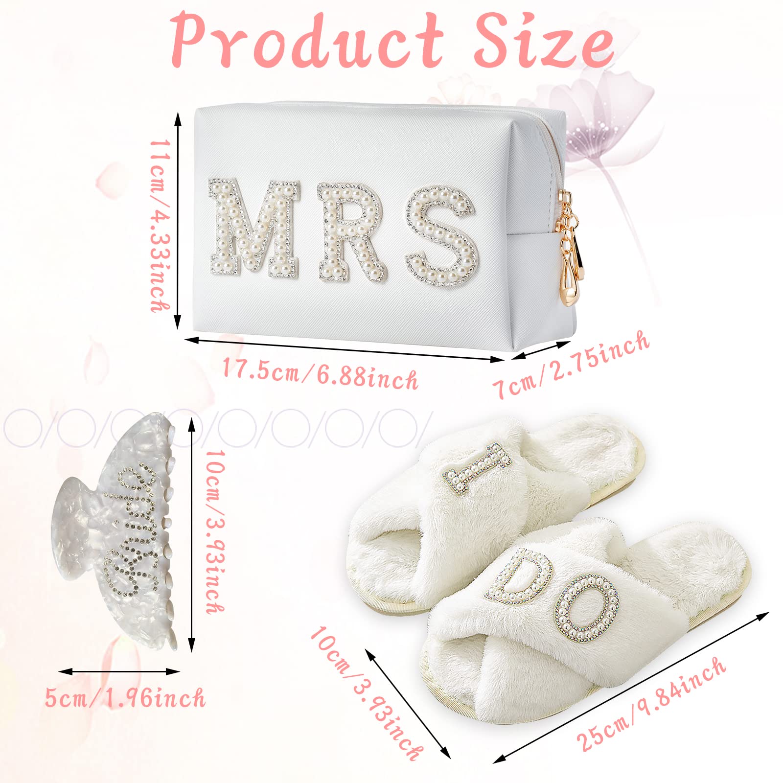 Tkifoda Bride To Be Gift Set Bride Makeup Bag I Do Bride Slippers Bride Robe Bride Hair Clip Bride Gifts Wedding Gifts (Slippers+Makeup Bag+Clip)