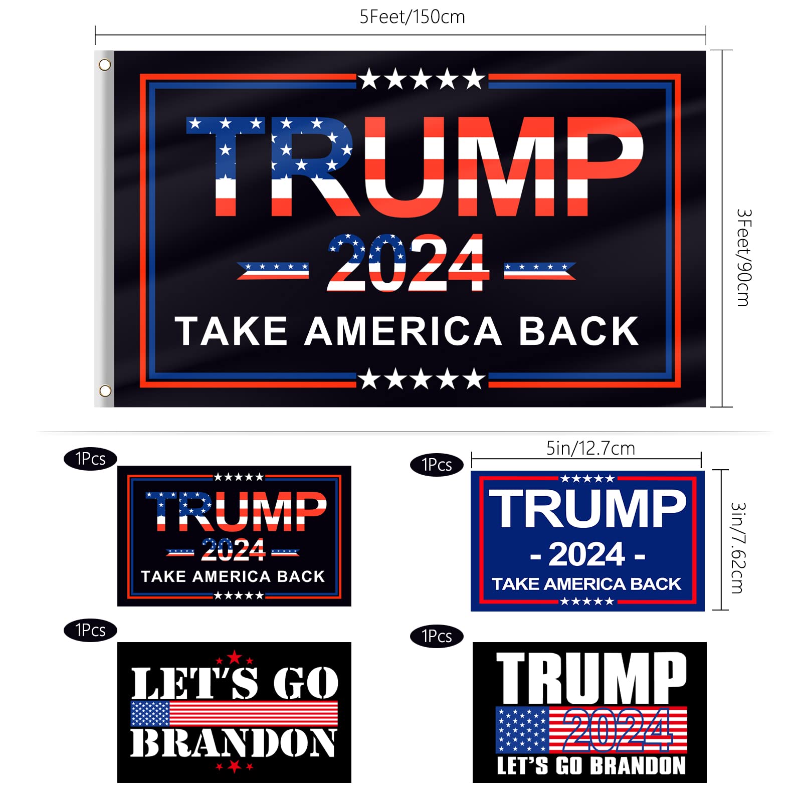 Trump 2024 Flag, 3x5 Feet Trump Flag 2024 Take American Back with 4 Pcs Trump 2024 Sticker, Trump Flags American Flag with Brass Buttonhole Trump Flag for Outdoor Room (Black)