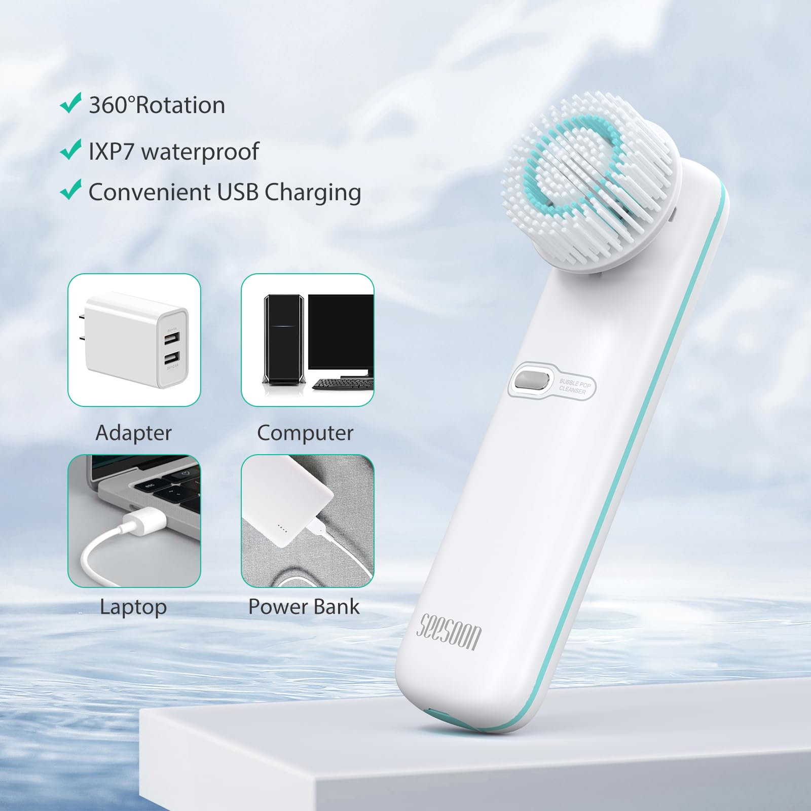 Facial Cleansing Brush, Electric Face Scrubber Rechargeable IPX7 Waterproof Automatic Bubble Making Face Wash Brush for Spinning Rotating Washer for Women & Men with 4 Brush Heads