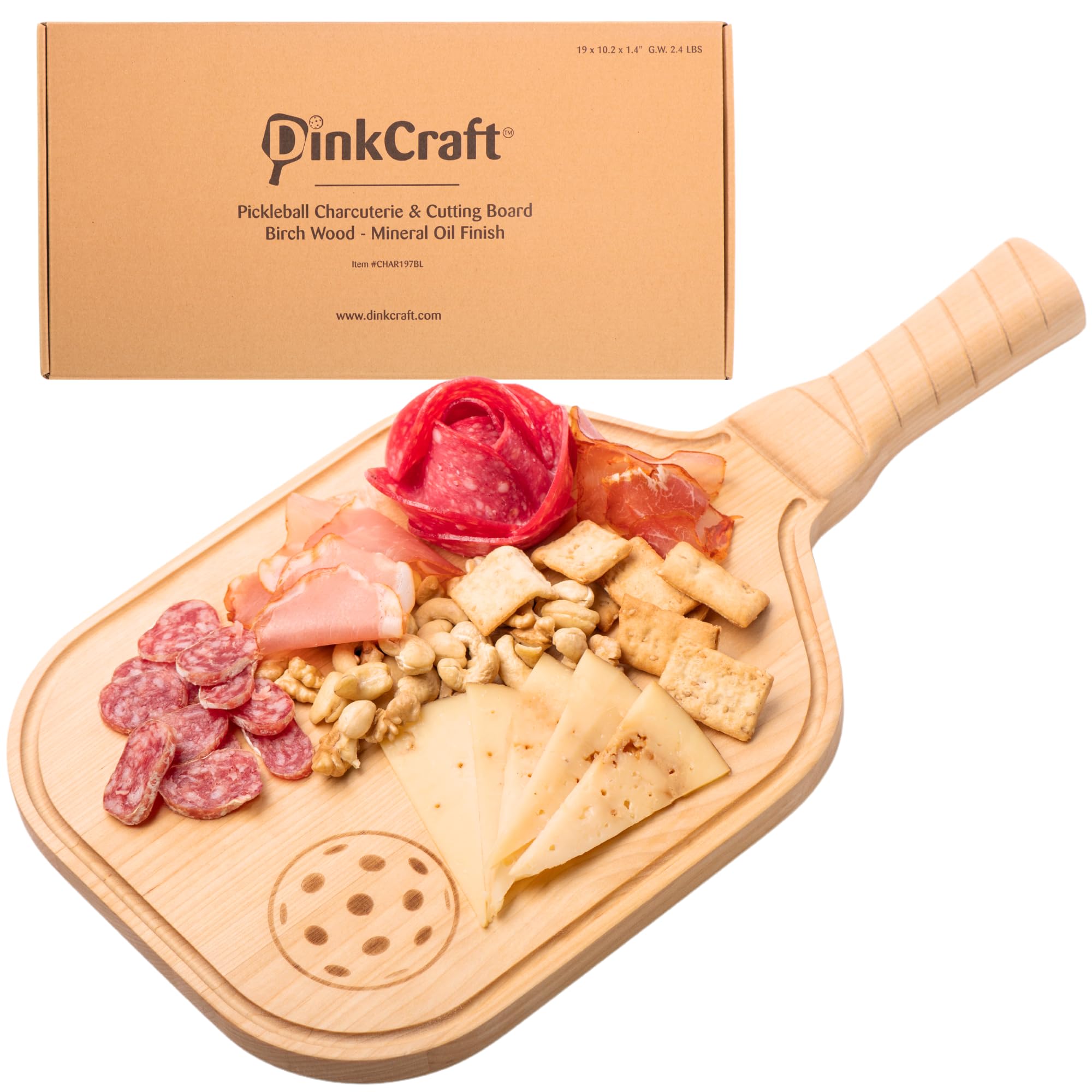 DinkCraft Pickleball Charcuterie & Cutting Board, Pickleball Gift, 17 x 8.5 x 0.75”, Birch Wood, Paddle Shape with Handle, Mineral Oil Finish