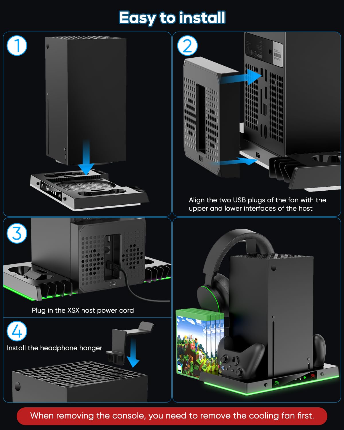 MENEEA Upgraded Cooling Fan Charging Station for Xbox Series X Console & Controller, Dual Charger Dock & Cooler System Stand with 15 Colorful Lights for Xbox Series X Accessories Kit