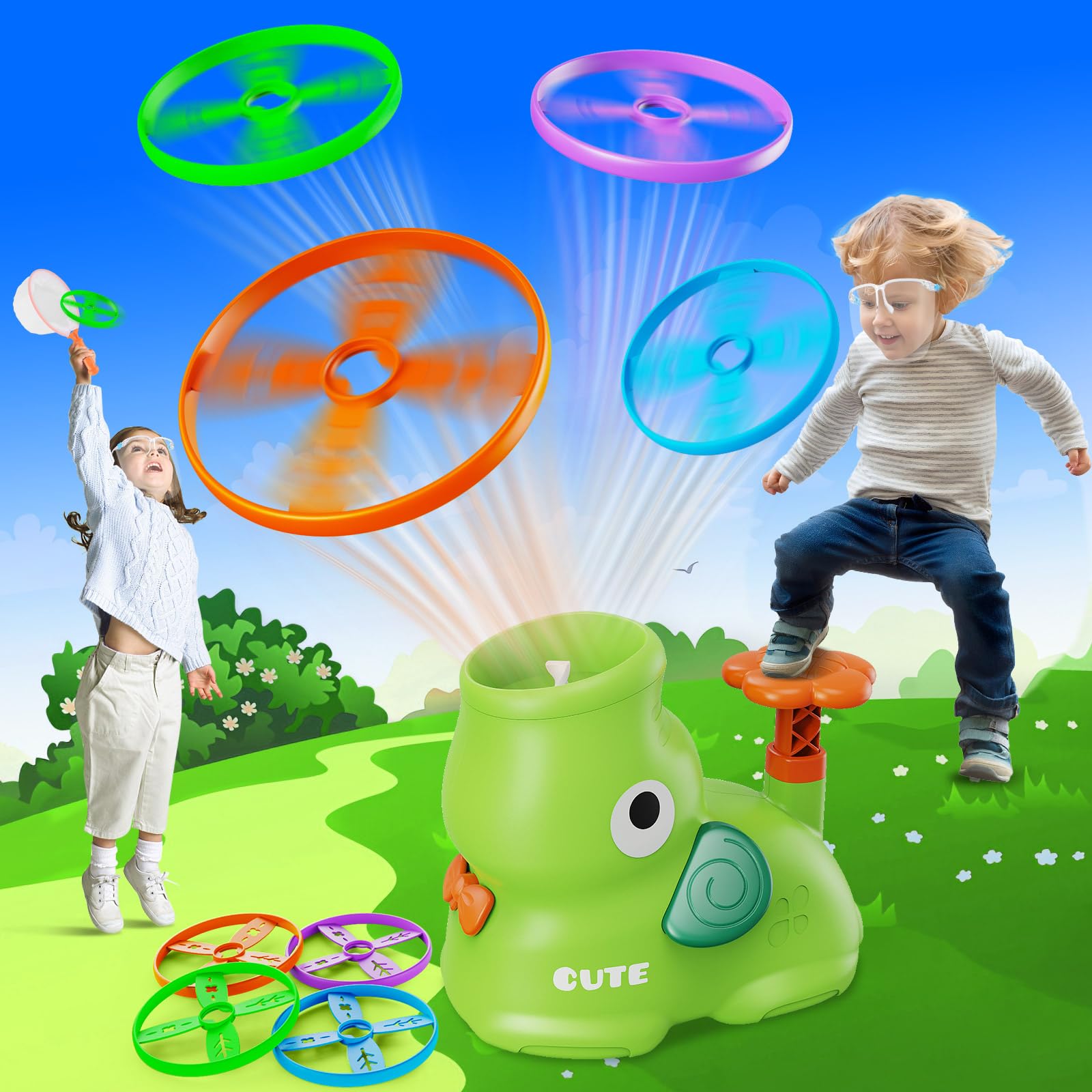 CPSYUB Outdoor Stomp Flying Disc Launcher Toys for Kids Ages 3 4 5 6 7 8 9 10, Elephant Butterfly Catching Game, Outside Yard Activities Chasing Toy, Outdoor Birthday for 3-8 Year Old Boys Girls