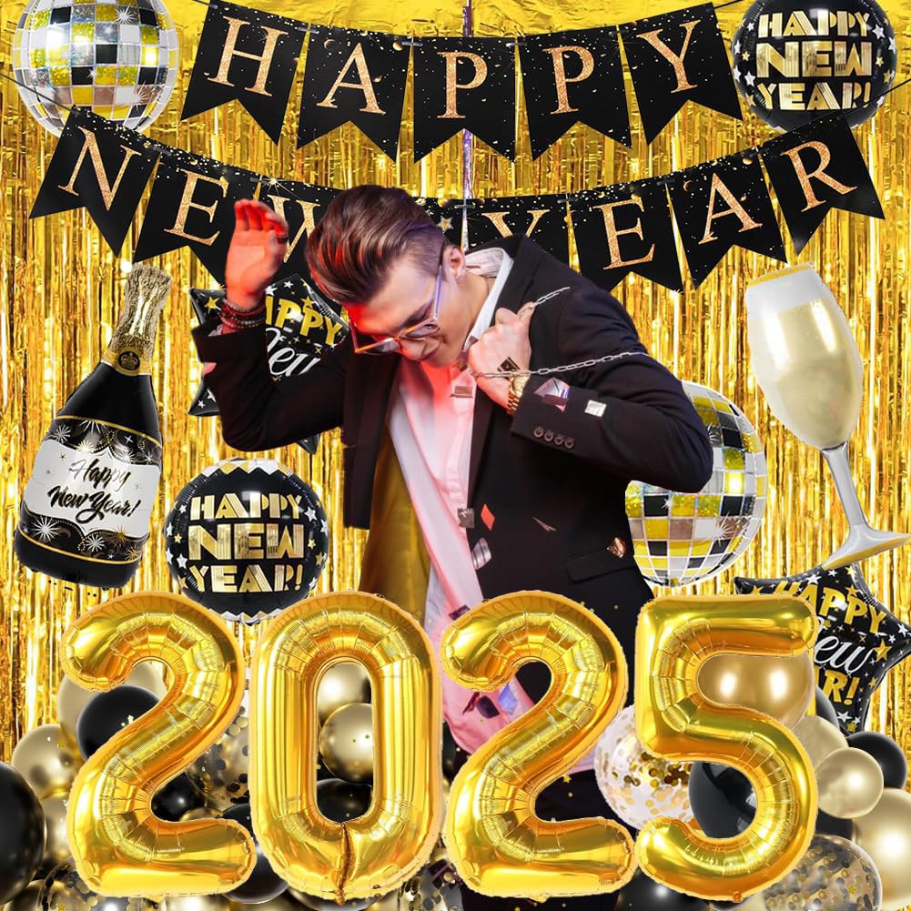 Happy New Year Party Decoration 2025 Foil Balloon Banner and Curtains Disco Balloons Champagne Balloon New Years Eve Black and Gold Party Supplies Decorations