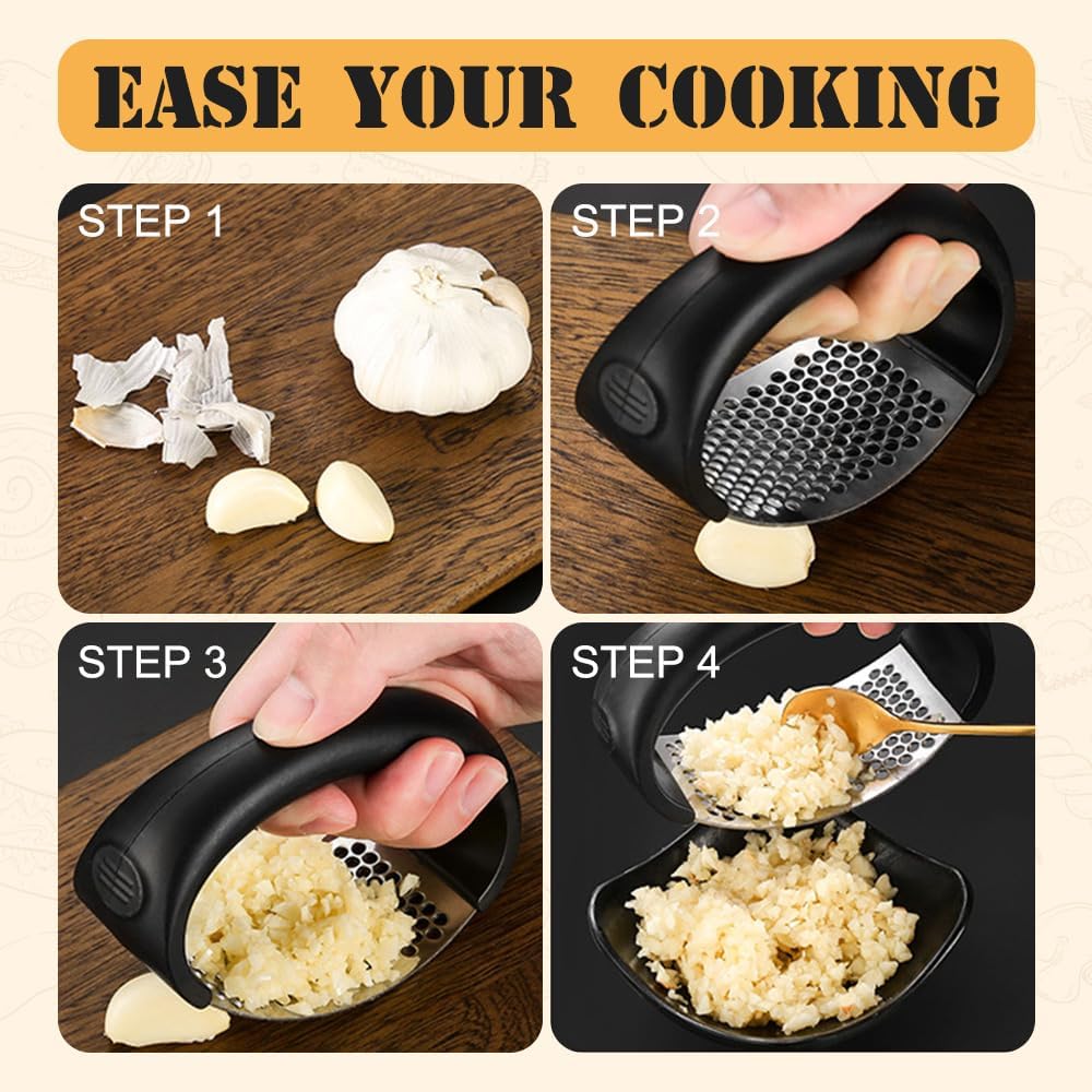 Upgraded 2025 Stainless Steel Garlic Press - Home Kitchen Utensil (1, Black)