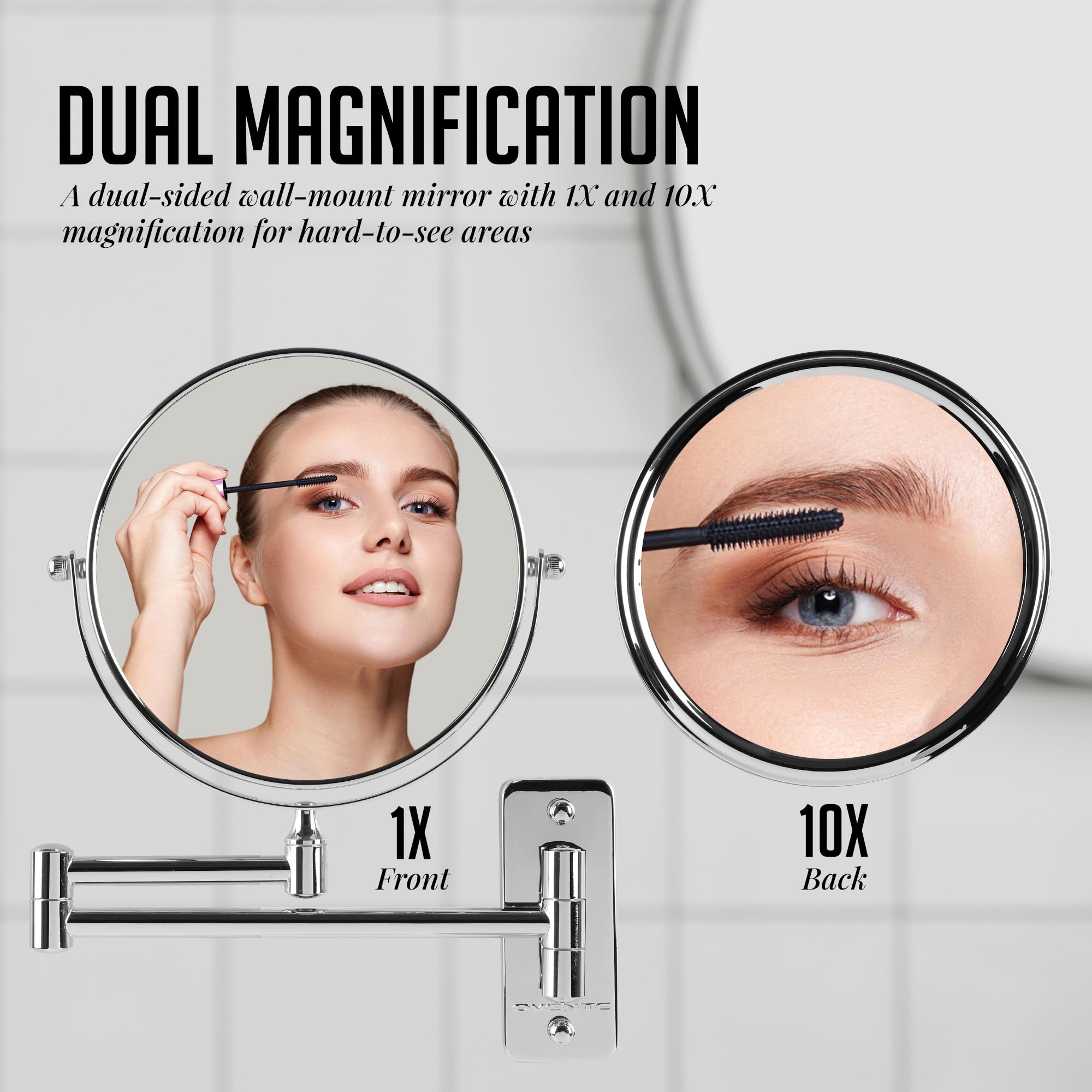 OVENTE 7" Wall Mounted Makeup Mirror with 1X/10X Magnification, Double Sided Magnifying Round Bathroom Vanity Mirror, 360° Swivel Design, Extendable and Folding Arm, Polished Chrome MNLFW70CH1X10X