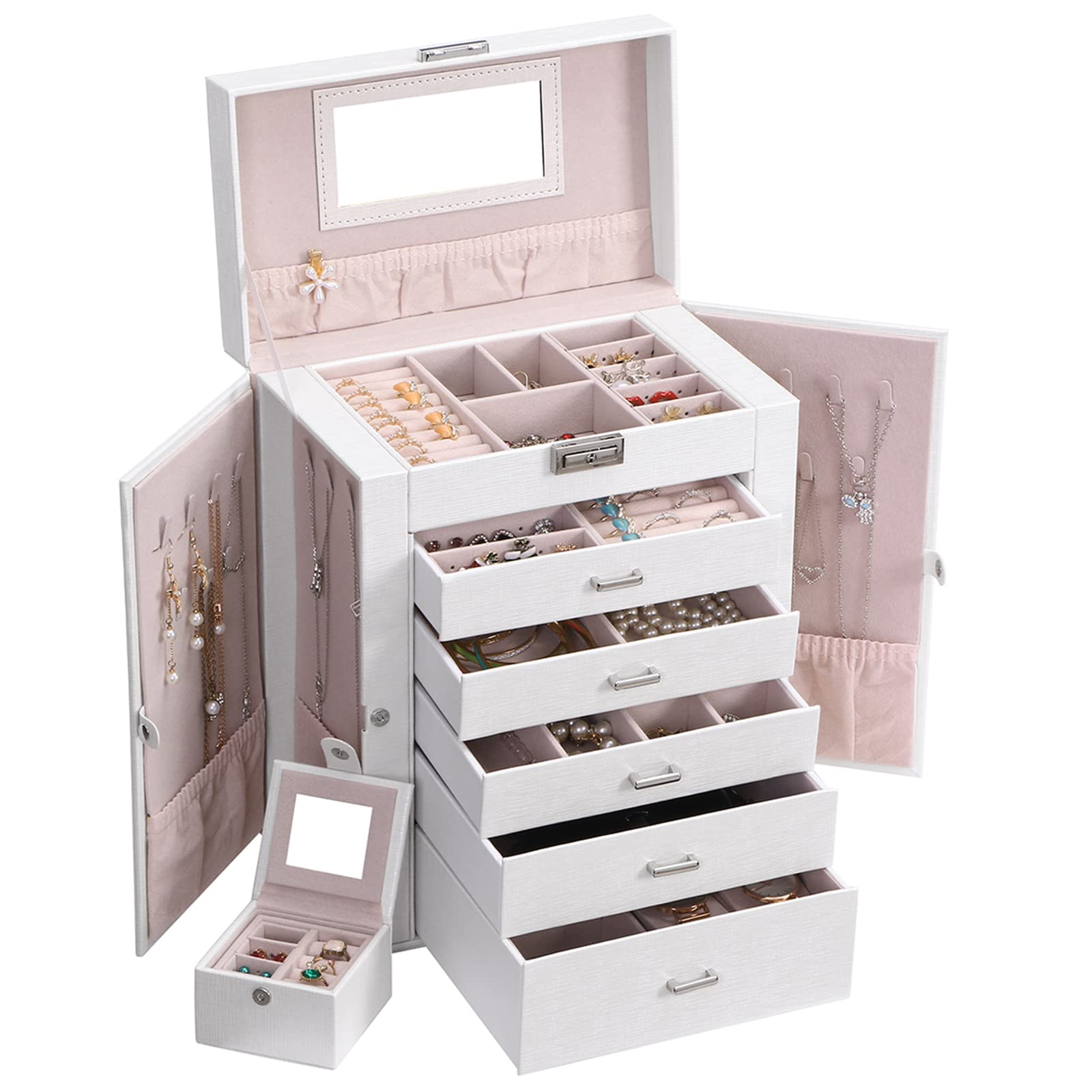 ANWBROAD Huge Jewelry Box 6 Tier Jewelry Organizer Box Display Storage Case Holder with Lock Mirror Girls Jewelry Box for Earrings Rings Necklaces Bracelets Gift Faux Leather Christmas Gifts UJJB004W