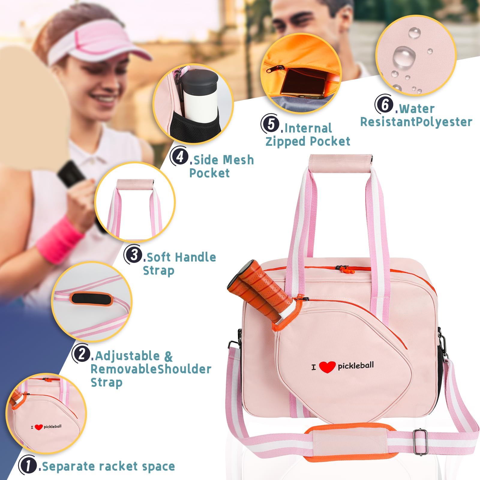 suyousu Pickleball Bag for Women Men, pickleball tote bag with Fence Hook,crossbody pickle ball bags unisex with Water Bottle Holder, paddle sling bag for 4, pickleball bags for ladies