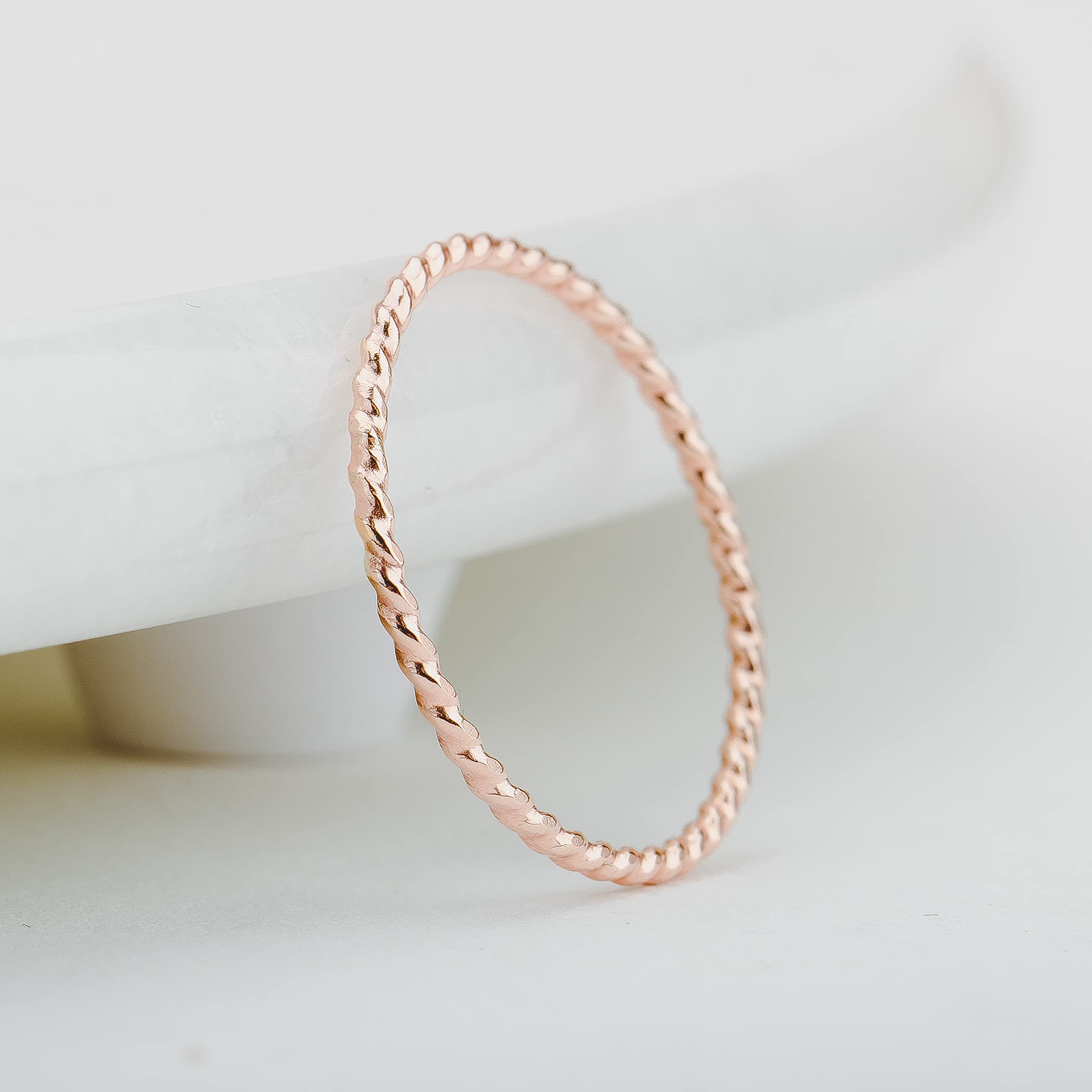 Braided Rope Stacking Ring | Elegant Twist 1mm Skinny Stackable Stack Ring Band in Silver, Gold, or Rose Gold | Comfort Fit USA Sizes 3-12 (14K Rose Gold Fill, 7)