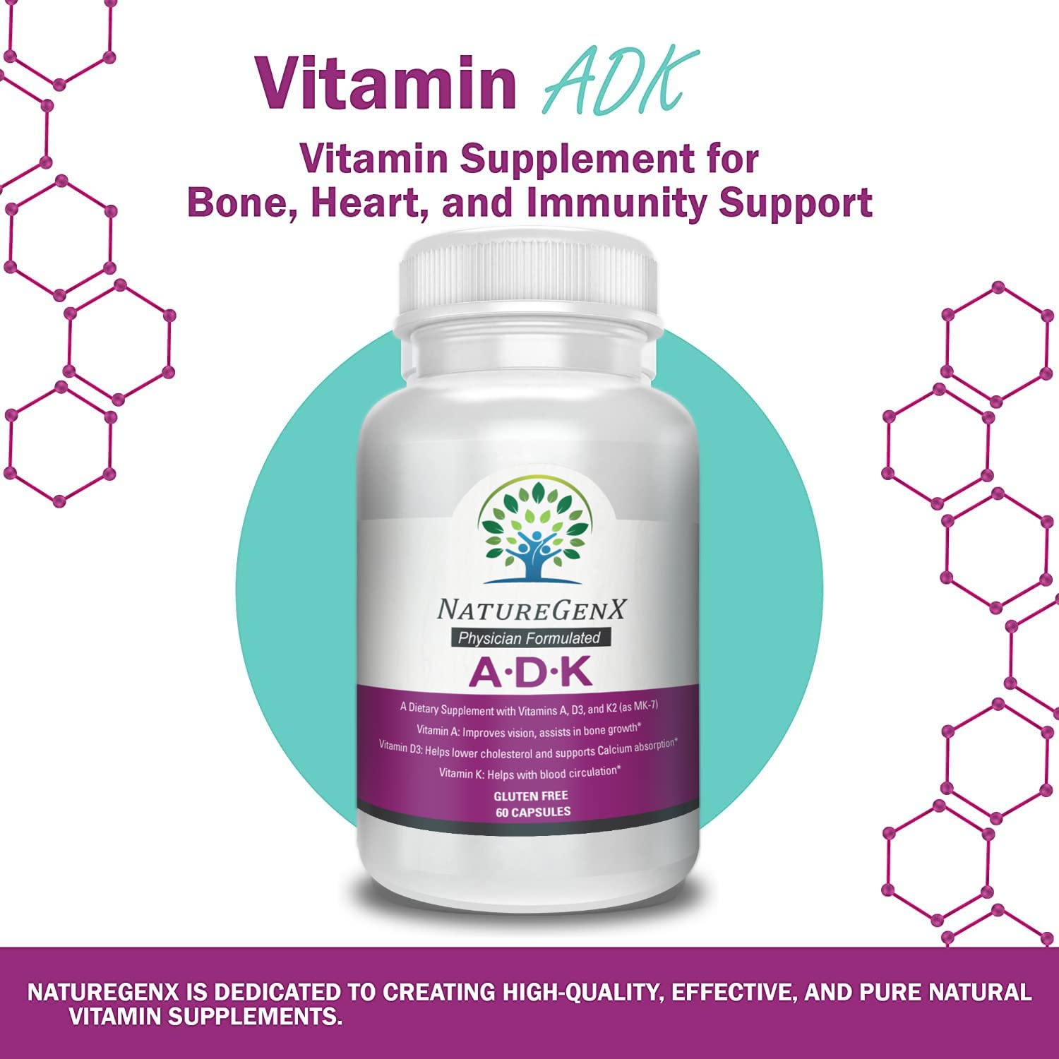 NatureGenX ADK Vitamin Supplement 5000 IU - High Potency Vitamins A, D3, and K2 for Bone Health and Calcium Absorption | Gluten-Free Vitamin ADK Supplement, 60 Day Supply, 60 Capsules