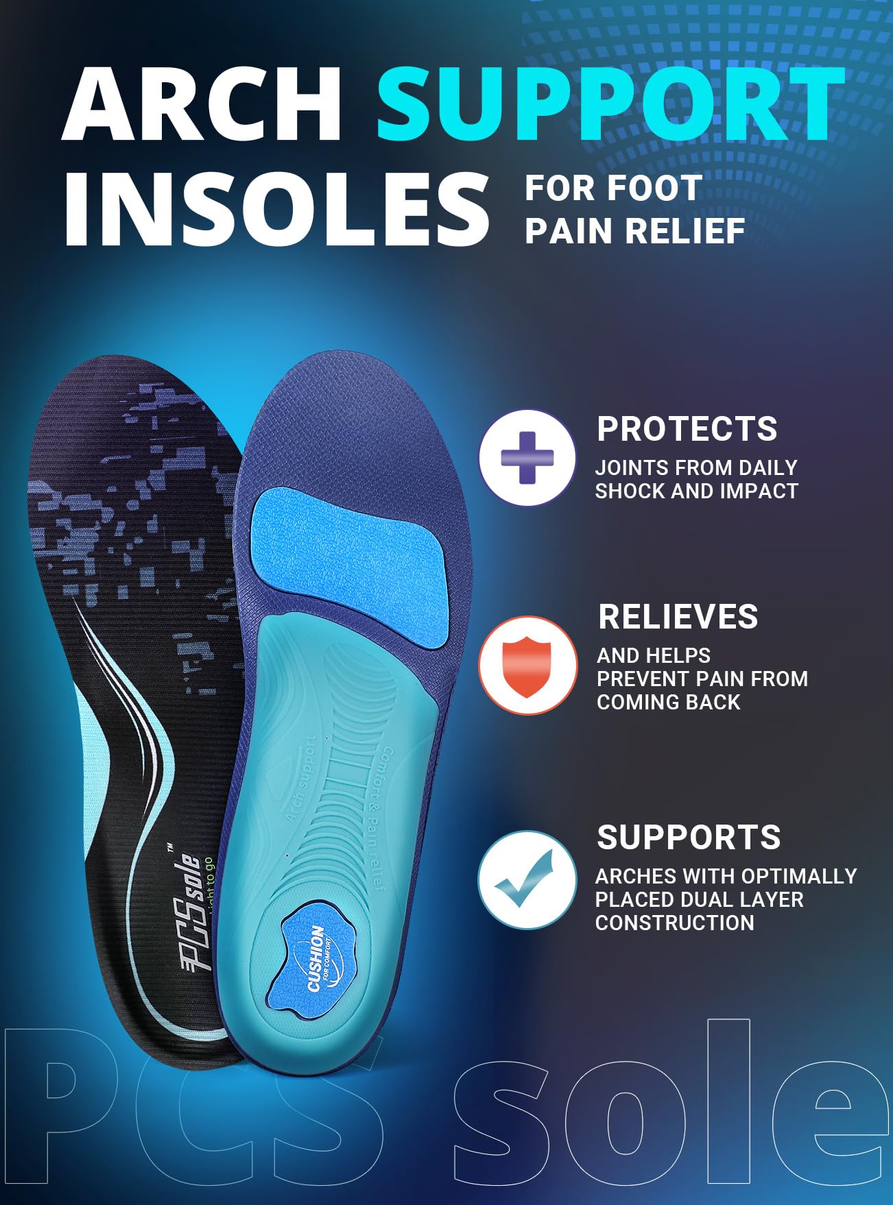 PCSsole Arch Support Inserts Women & Men - Shoe Inserts for Plantar Fasciitis Relief - Orthotic Insoles Standing All Day - for Flat Feet - Arch Pain - Heel Pain - Comfortable Boot Insoles for Working