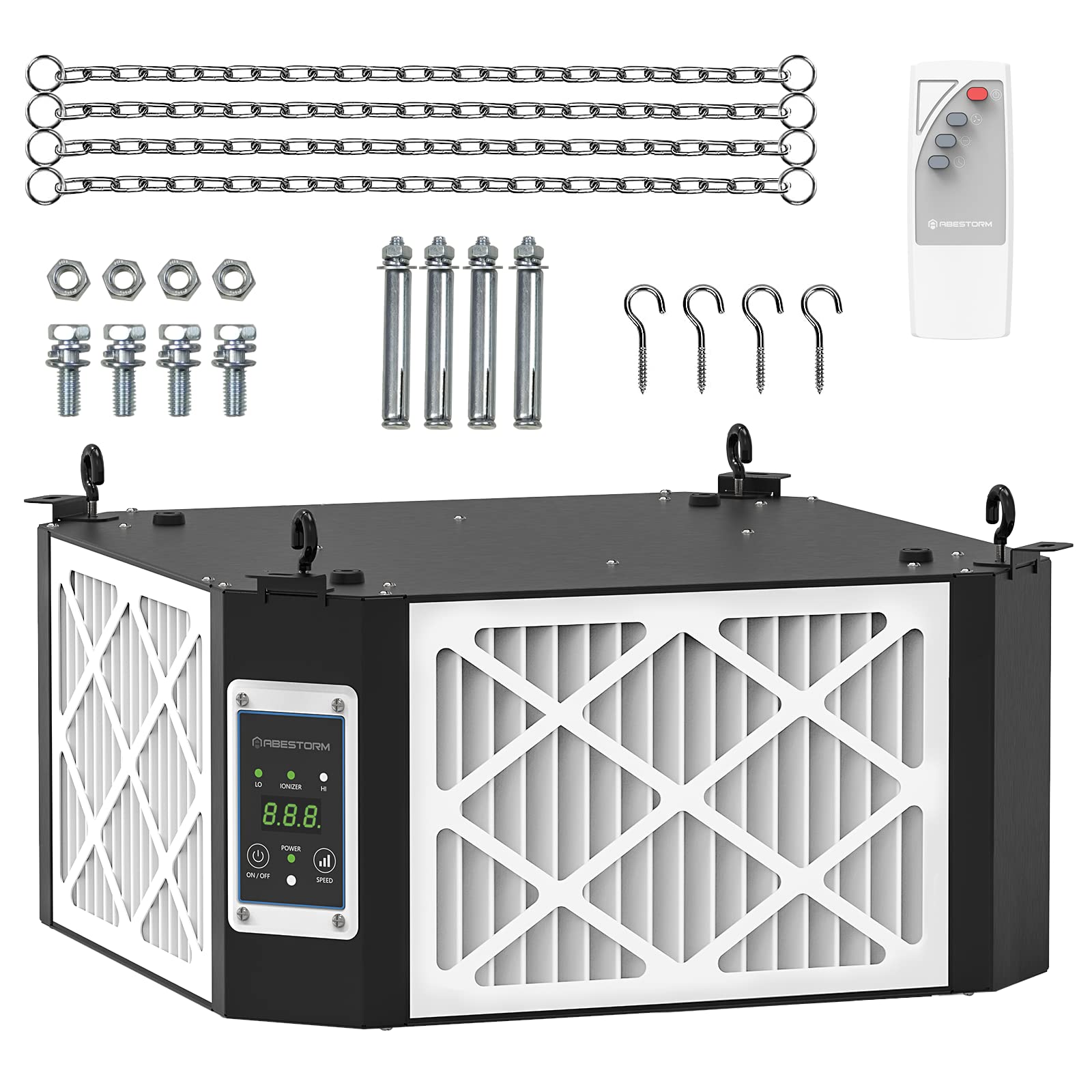 ABESTORM 360 Degree Intake Air Filtration System Woodworking, 1350CFM Hanging Air Filter with Strong Vortex Fan, Shop Dust Collector for Woodworking, Garage WorkShop, Built-in Ionizer, DecDust 1350IG