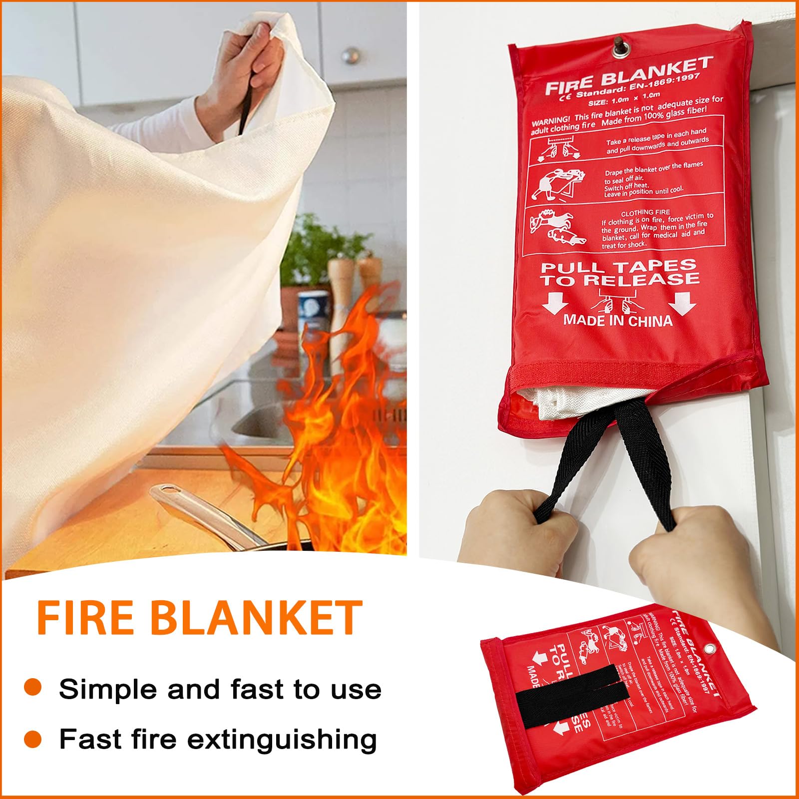 KKIKK Kitchen Fire Blanket for Home Safety, 2 Pack Emergency Fire Suppression Blankets for Kitchen, 40” x 40” Fiberglass Fire Blanket (Thicker Model)