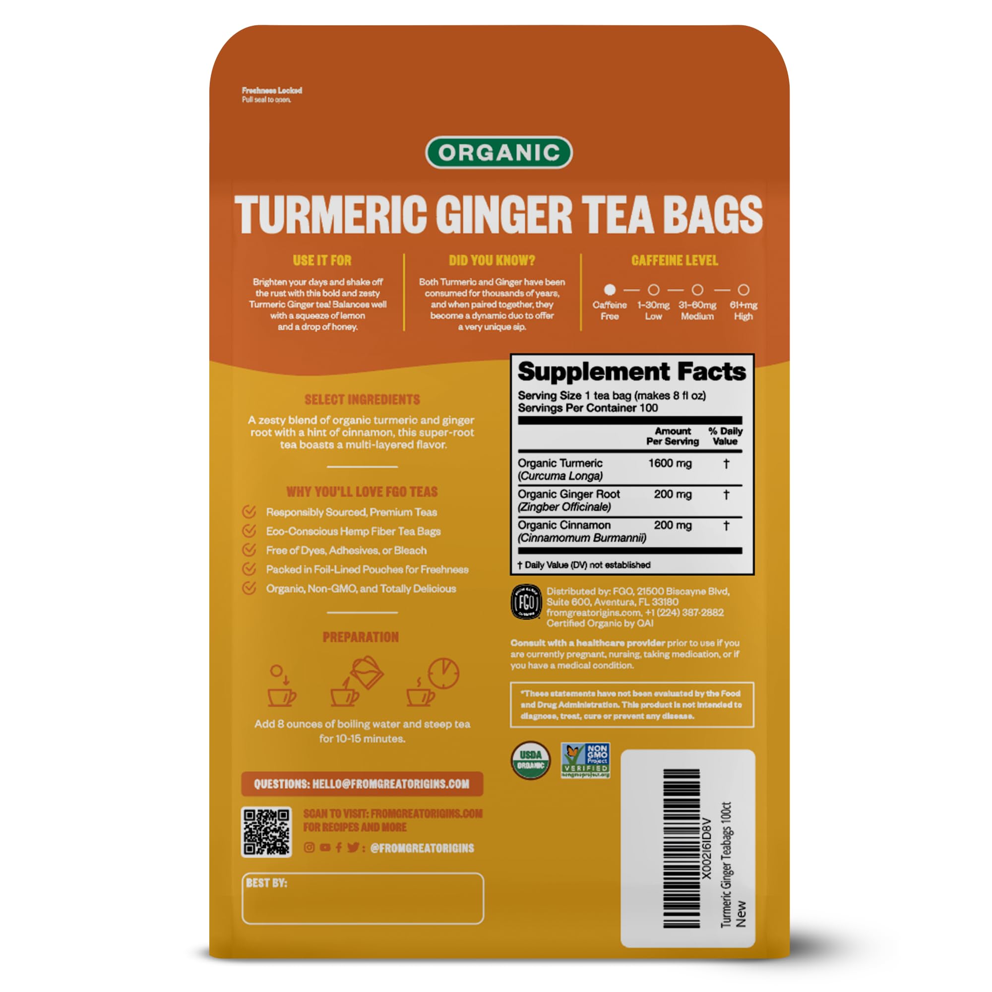 FGO Organic Turmeric Ginger Tea, Eco-Conscious Tea Bags, 100 Count, Packaging May Vary (Pack of 1)