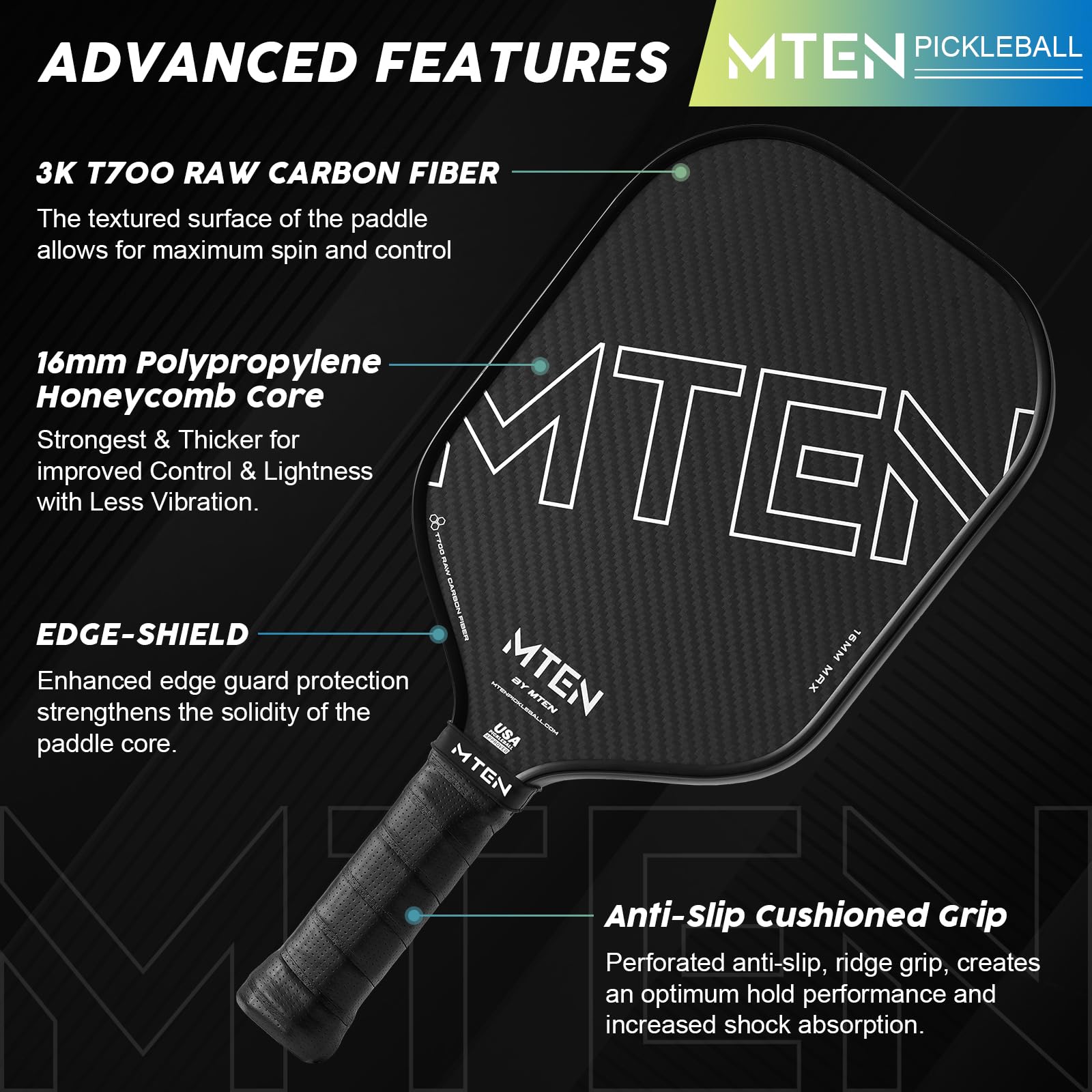 MTEN Pickleball Paddle, Carbon Fiber Pickleball Paddles,16MM Polypropylene Honeycomb Core Carbon Fiberglass Pickleball Paddles, USAPA Approved, Beginners & Pros