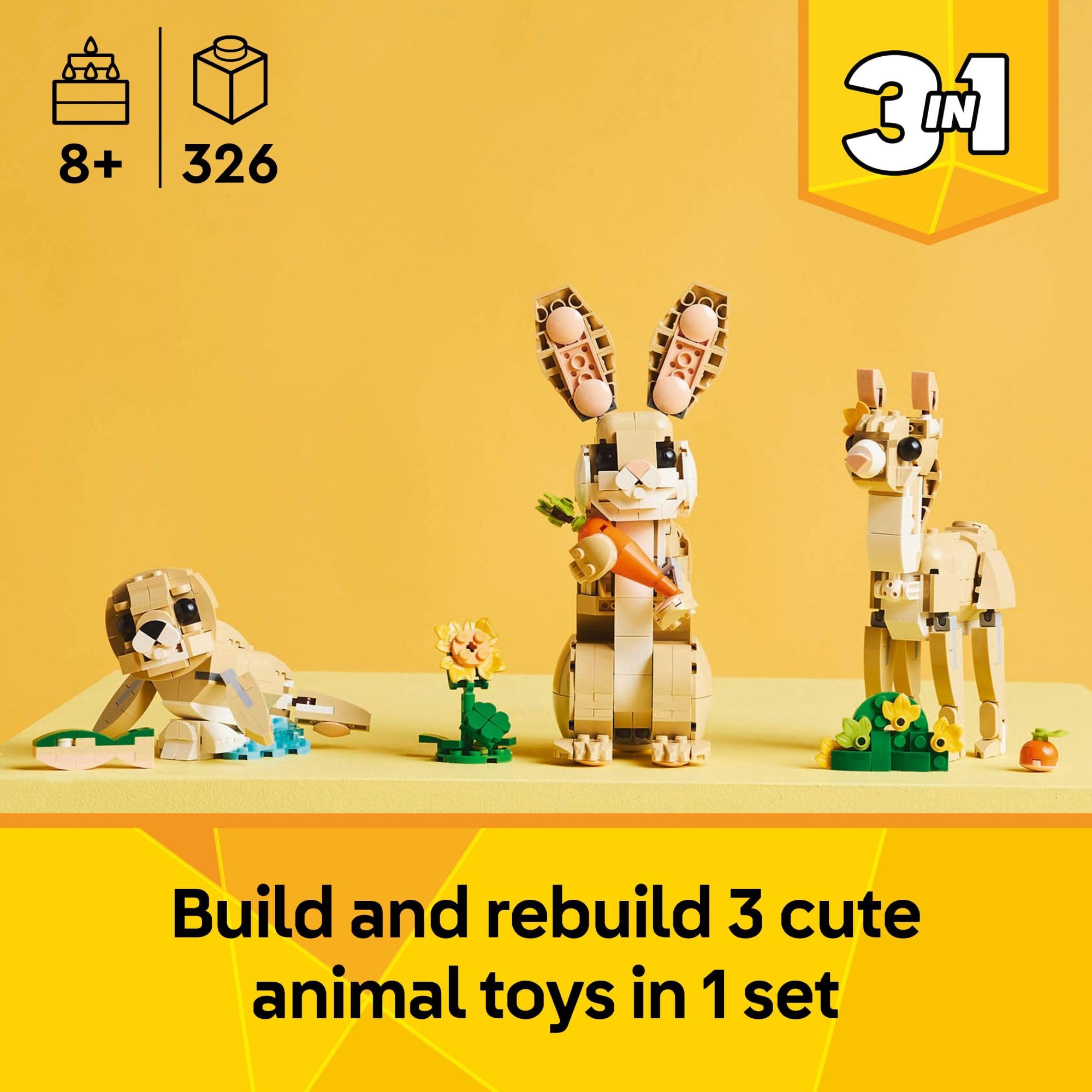 LEGO Creator 3 in 1 Cute Bunny Toy - Building Toy Set with 3 Build Options, Bunny, Seal, or Llama - Easter Basket Gift & Craft - Animal Figures for Kids, Girls and Boys, Ages 8+ - 31162