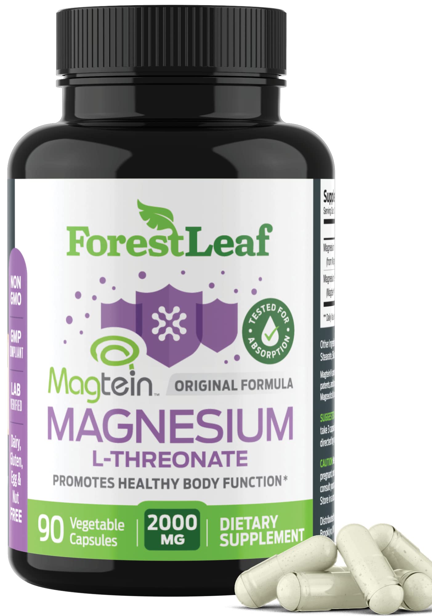 Magnesium L-Threonate Capsules - 2000mg Original Magtein Formula - Patented & Clinically Studied Supplement for Focus, Memory, Brain & Sleep Support, Mag Threonate for Women & Men (90 Count)