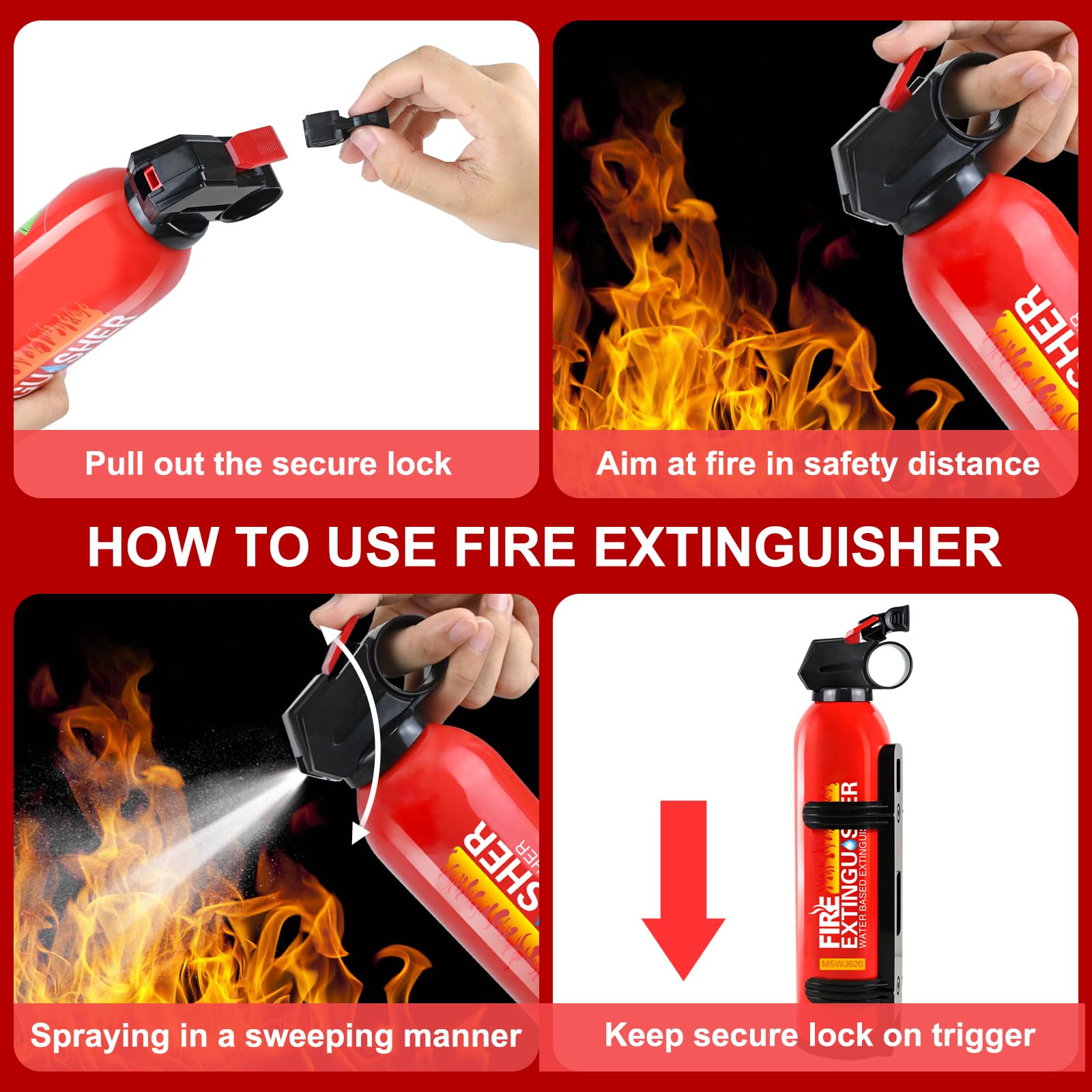 4 Pack Fire Extinguisher for Home with Wall Mount - 620ml Portable Fire Extinguisher for Car Vehicle Boat House Kitchen, Water-Based Fire Extinguisher for A, B, C, K Fire