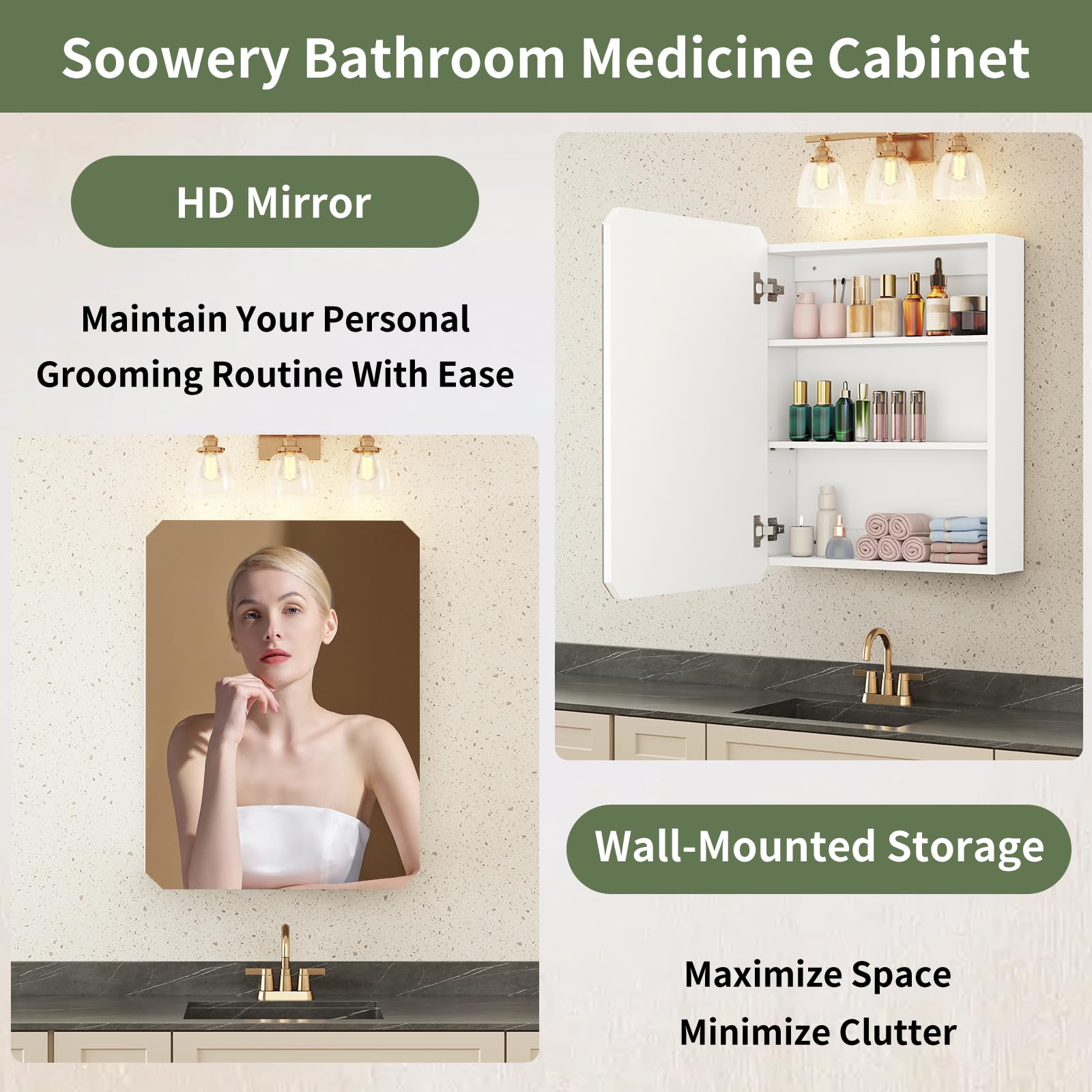 SOOWERY Medicine Cabinet Mirror 19.6" W x 26" H Bathroom Mirror with Storage Wall Mounted Medicine Mirror Cabinet Wood Organizer with Single Door Farmhouse Bathroom Storage Cabinet