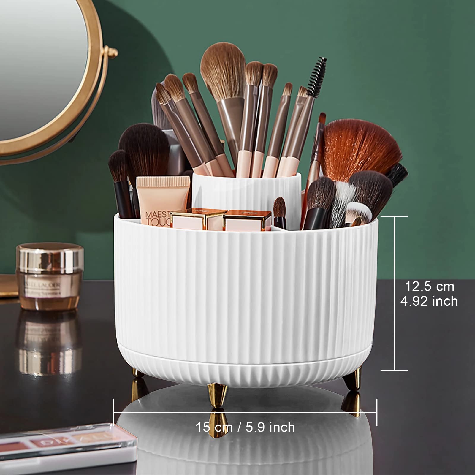 Diesisa Makeup Brush Holder Organizer,360° Rotating Makeup Brush Organizer,5 Slot Make up Brushes Cup for Cosmetics, Nail Polish, Art Supply, Bathroom Vanity Desktop Organizer - White