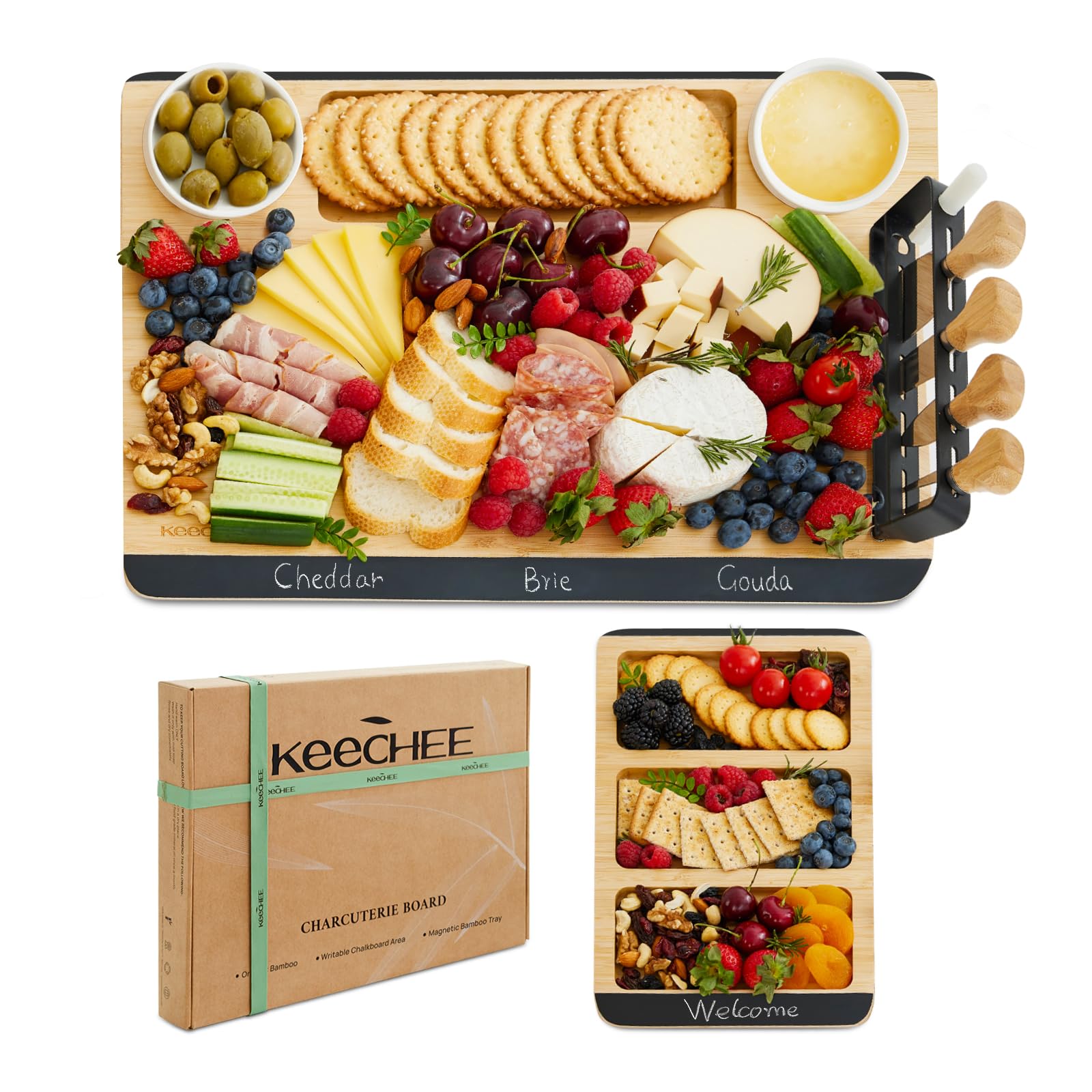 keechee Charcuterie Boards Gift Set: Large Bamboo Cheese Board Set with Chalkboard Edge & Forks Set - Ideal for Housewarming, Weddings, Bridal Showers, and Unique Gifts for Mom