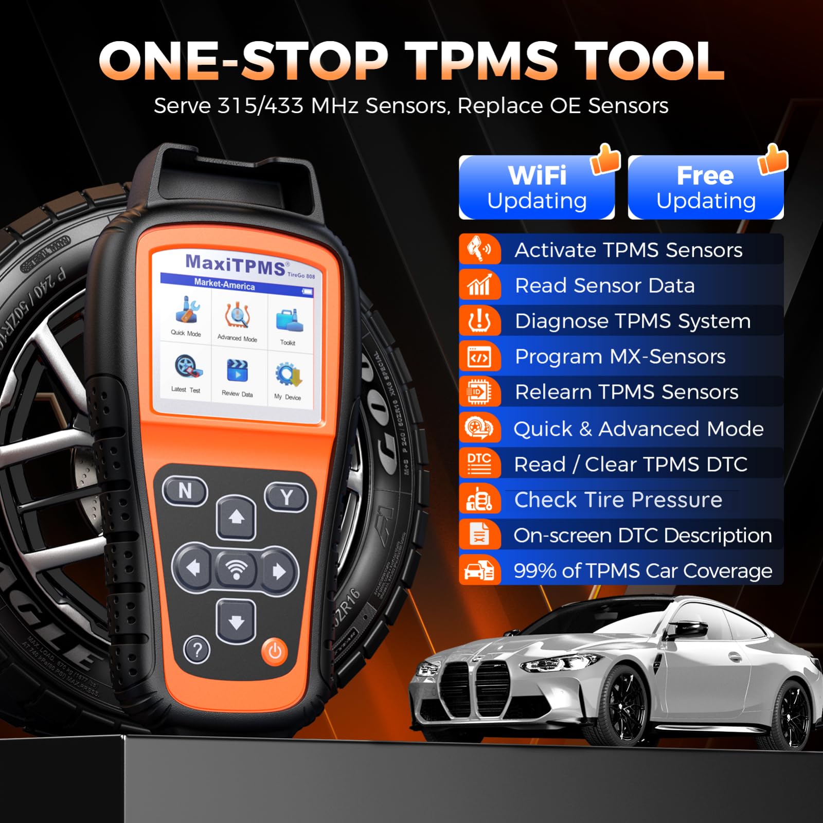 OTOFIX TireGO808 TPMS Relearn Tool,2024 Newest WiFi TPMS Programming Tool, Relearn Activate Diagnostic All TPMS Sensors,Program MX-Sensor(315/433MHz),Lifetime Update