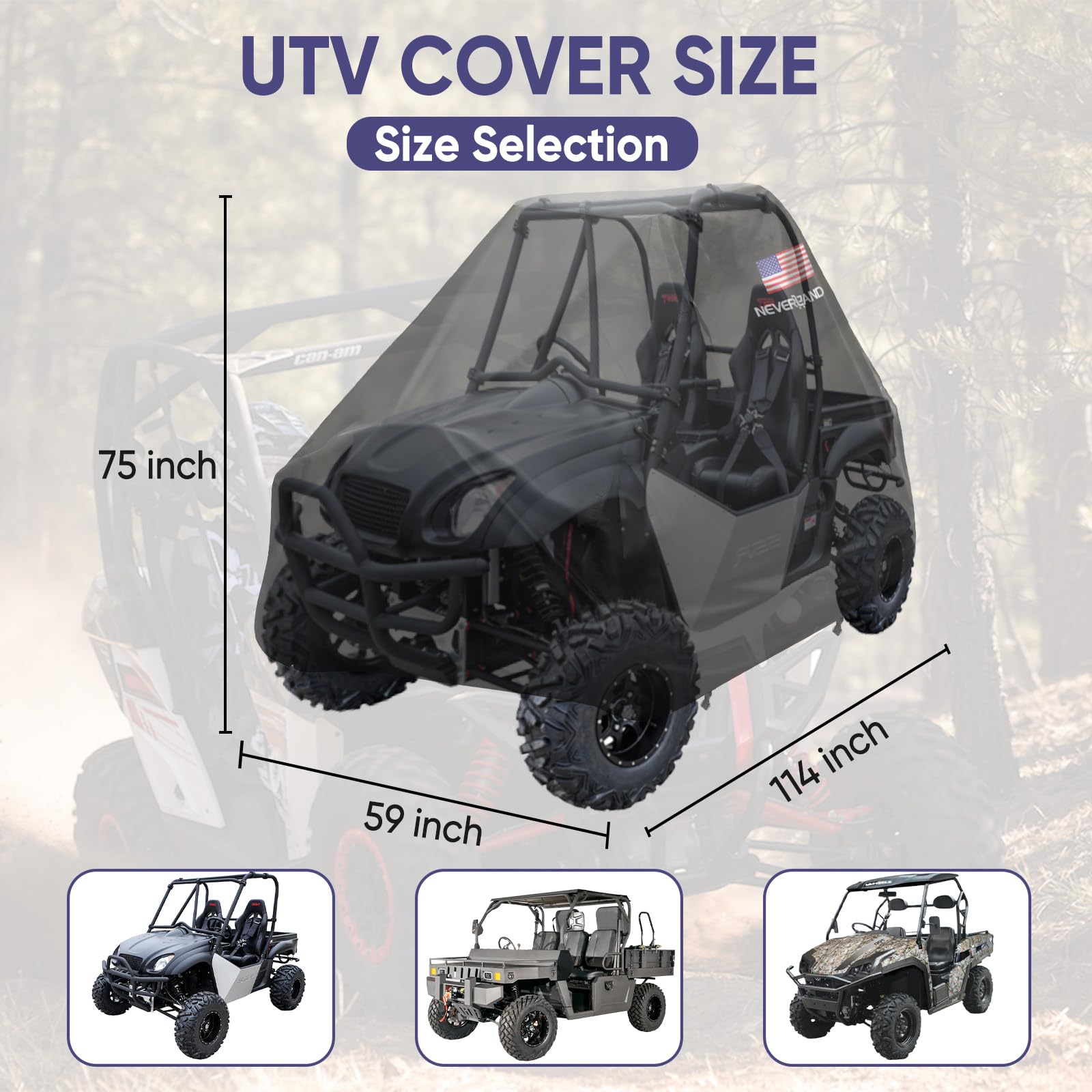 NEVERLAND UTV Covers, Side by Side Cover Waterproof 300D Heavy Duty Outdoor Utv Cover with American Flag Compatible with Honda Pioneer Polaris Ranger Protection 114.17"x 59.06"x 74.80"(290x150x190 cm)