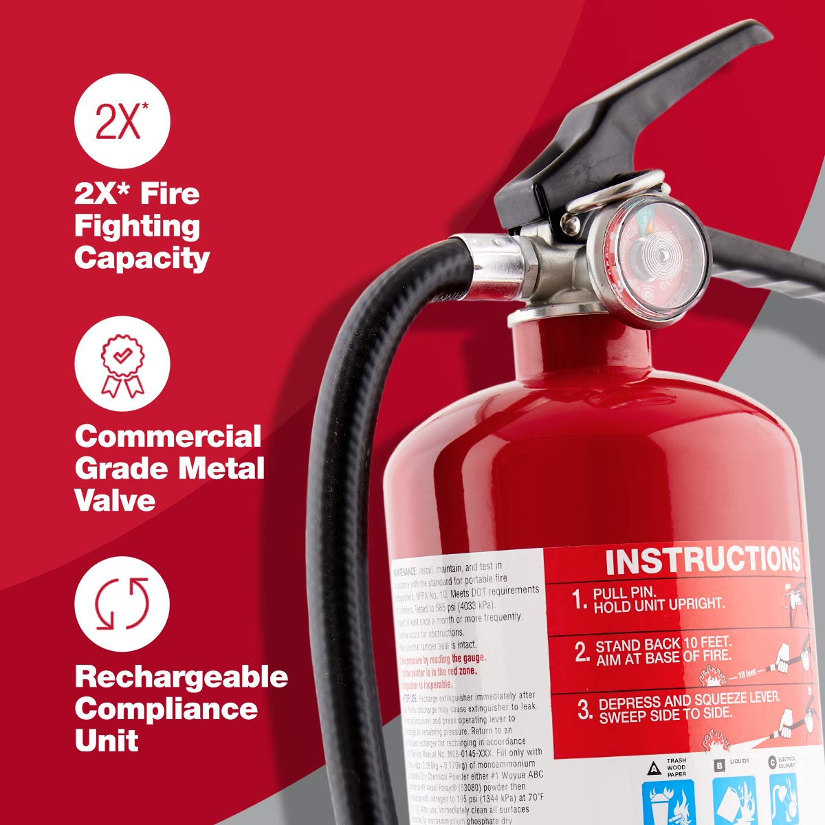 FIRST ALERT HOME2PRO Rechargeable Compliance Fire Extinguisher, UL RATED 2-A:10-B:C, Red, 1-Pack