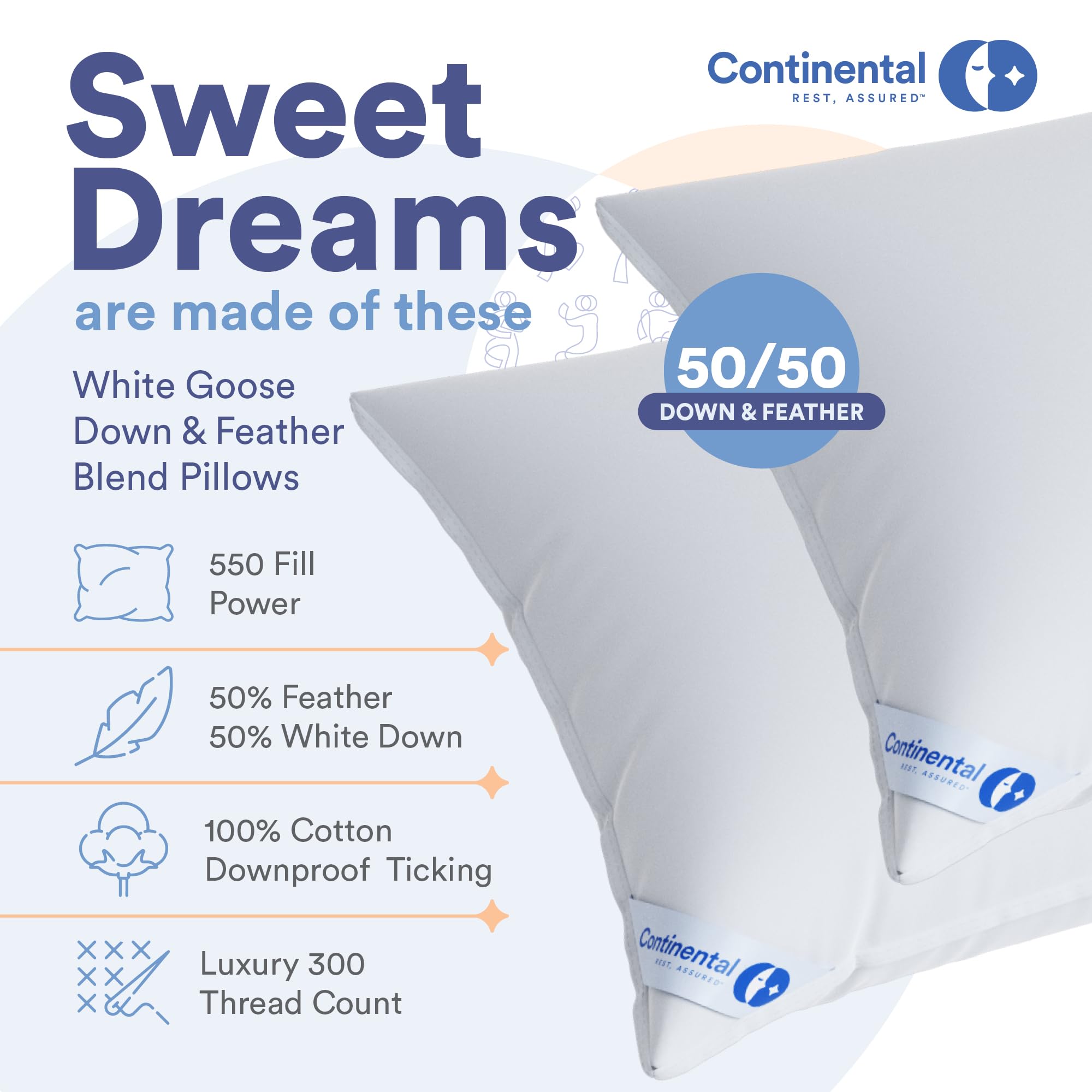 Continental Bedding Luxury Goose Feather Down Pillows Queen Size Pack of 1 - Family Made in New York - Breathable Bed Pillows for Sleeping, Back, Side, Stomach Sleepers - 50/50 Comfort and Support